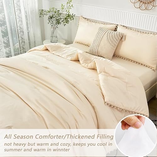 Miniatura 5 de PERFEMET Juego de edredón beige de 5 piezas, tamaño Queen, bohemio, con flecos y pompones, con sábanas, edredón ligero y suave, color crema en una