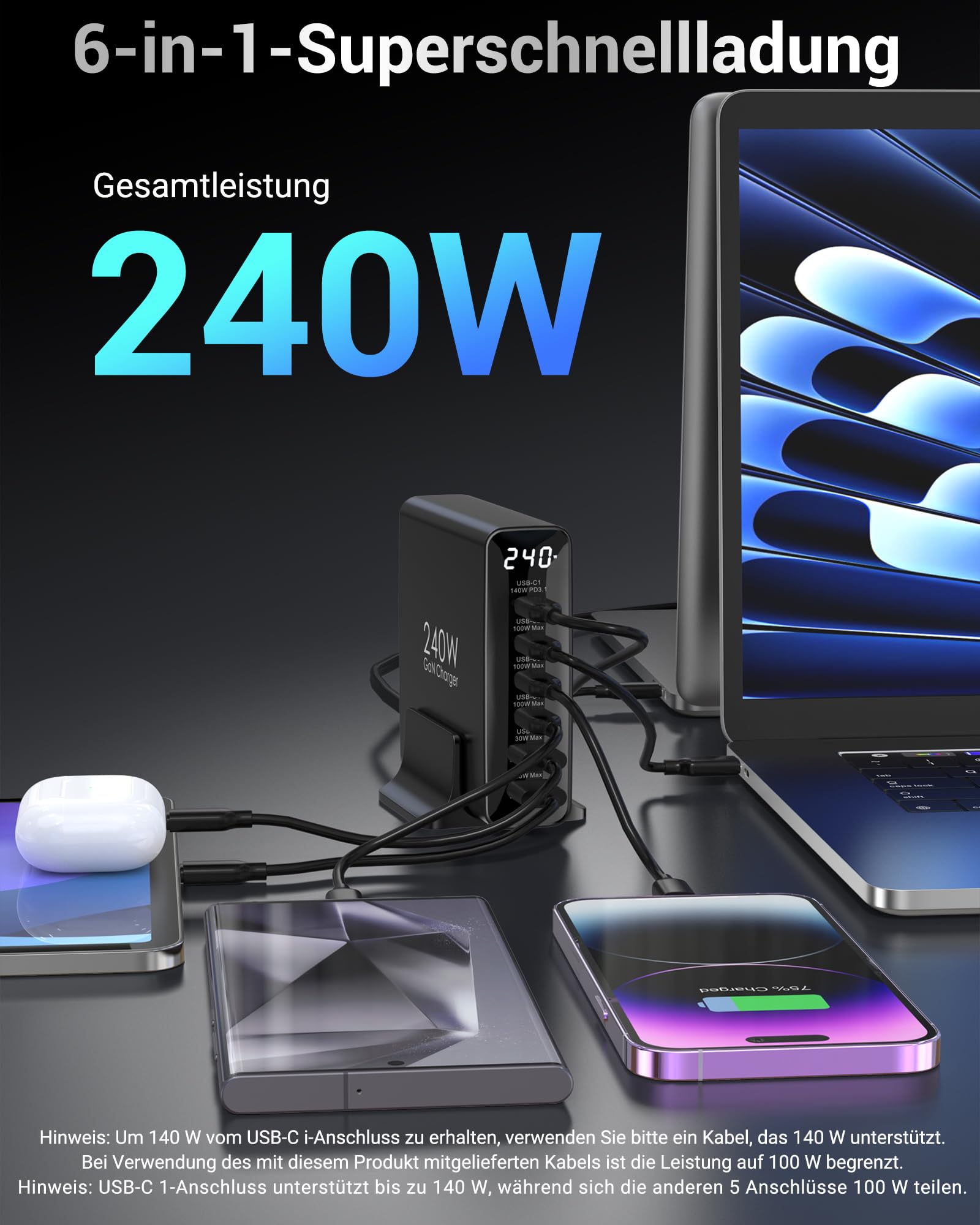 240W Ladegerät USB C, 6 Port PD3.1 GaN Ladegerät mit LED Display, Desktop ladestation Mehrfach für MacBook Pro/Air iPhone 17/16 Pro, iPad, Dell XPS, Galaxy, Pixel, Laptops und mehr, Schwarz