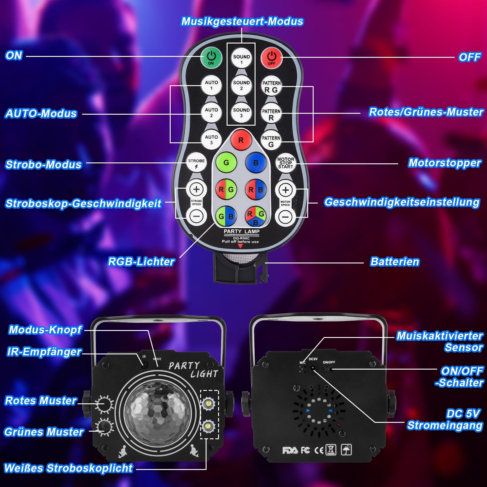 Nigecue 3 in 1 Discolicht Partylicht mit Fernbedienung, Musikgesteuert Disco Licht mit Stroboskop, Sprachsteuert LED DJ Party Lampe Discokugel mit 2M USB Kabel für Halloween Weihnachten Klub Feiertage