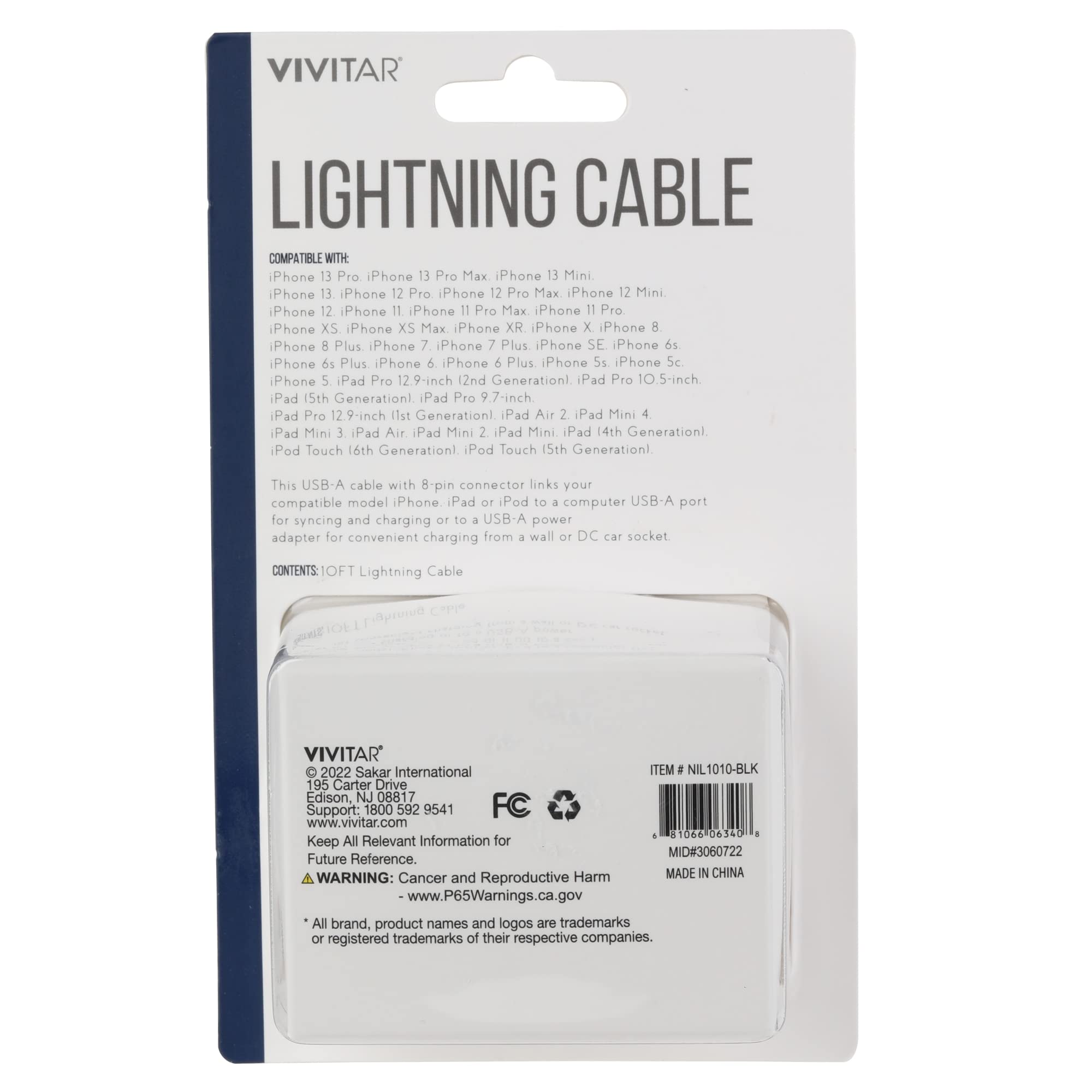 Vivitar Lightning To USB-A Cable, 10', Black, NIL1010-BLK-STK-24