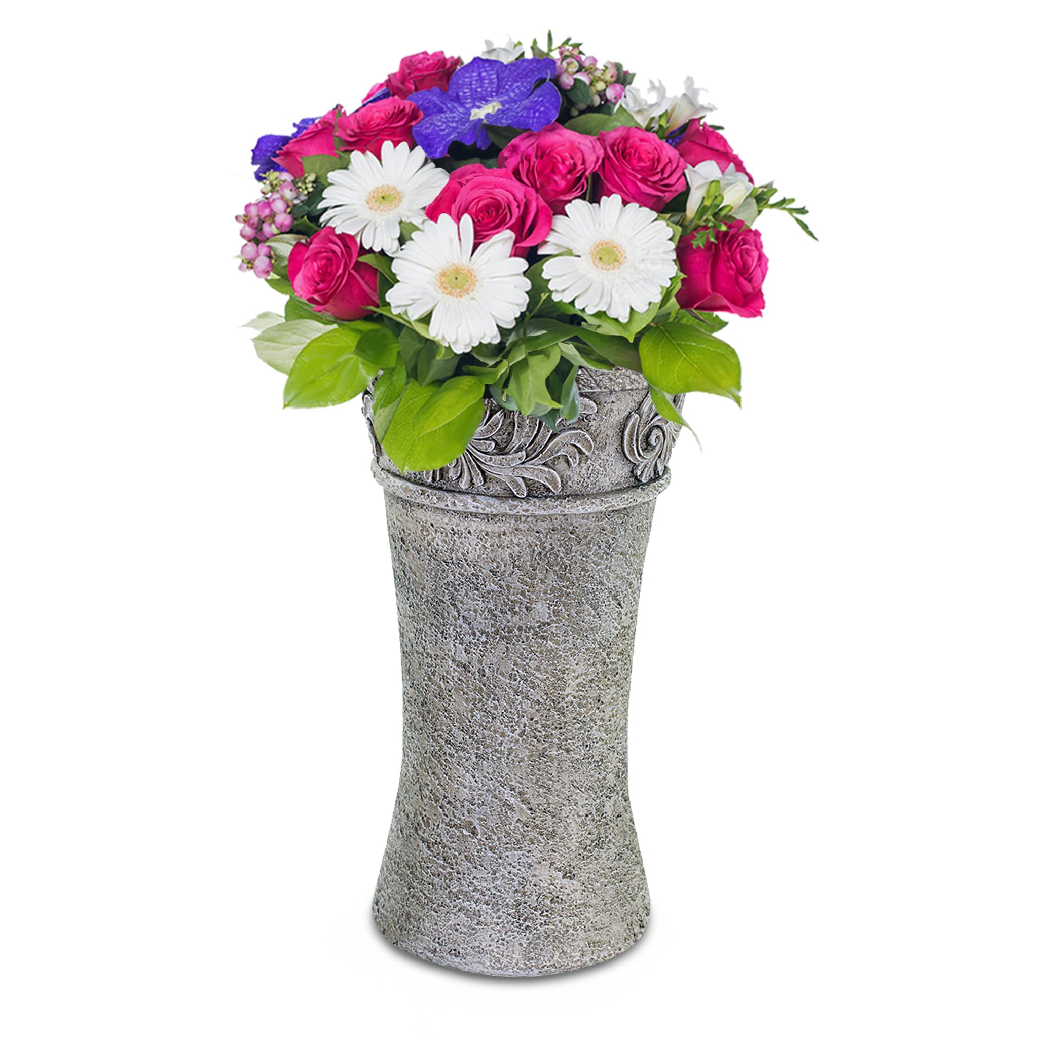 matches21 - Vaso per tomba, cono, con bordo, decorazione per sepoltura, per fiori, in poliestere, 1 pezzo, 12 x 22 cm, colore: grigio