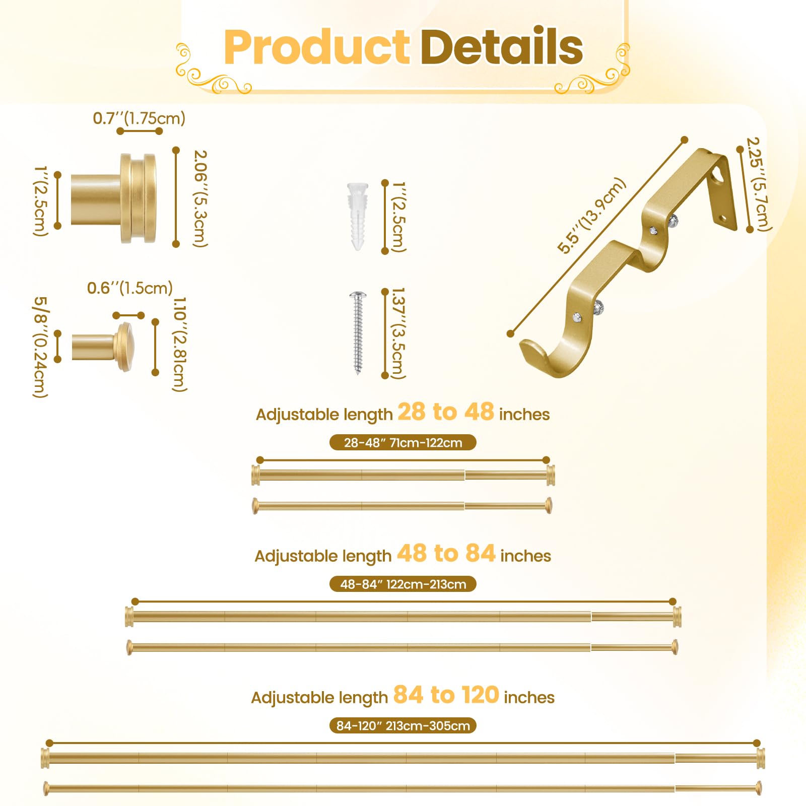 Tringle à rideaux double de 2,5 cm - Doré - 122 à 213 cm - Très résistante - Décoration pour fenêtres avec petit embout