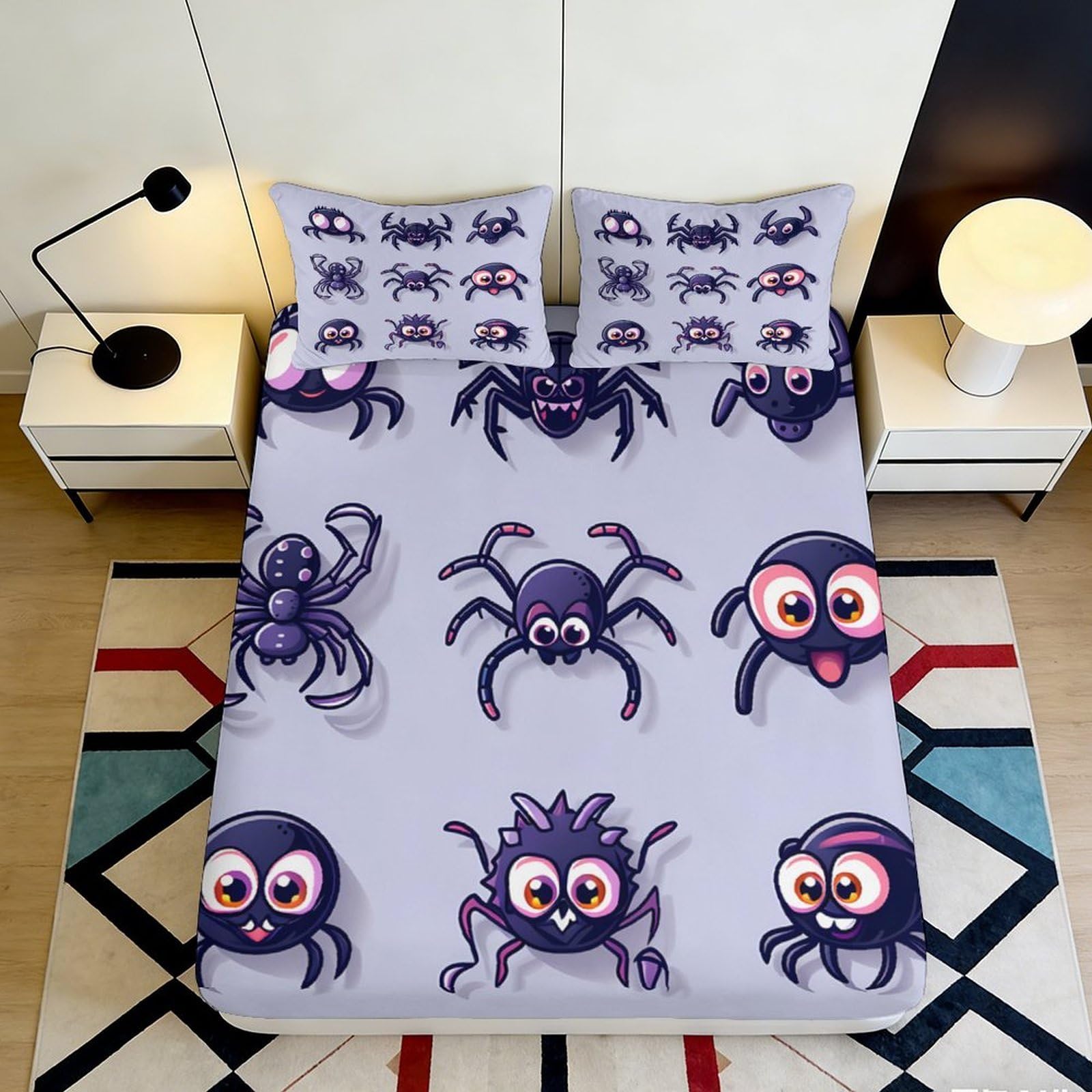 3D Printed Cartoon Spider Fitted Sheet Microfiber Soft Breathable Cute Spider Web Bed Cover for Bedroom Dormitory Guest Room Mattress Protection 180x200x25cm