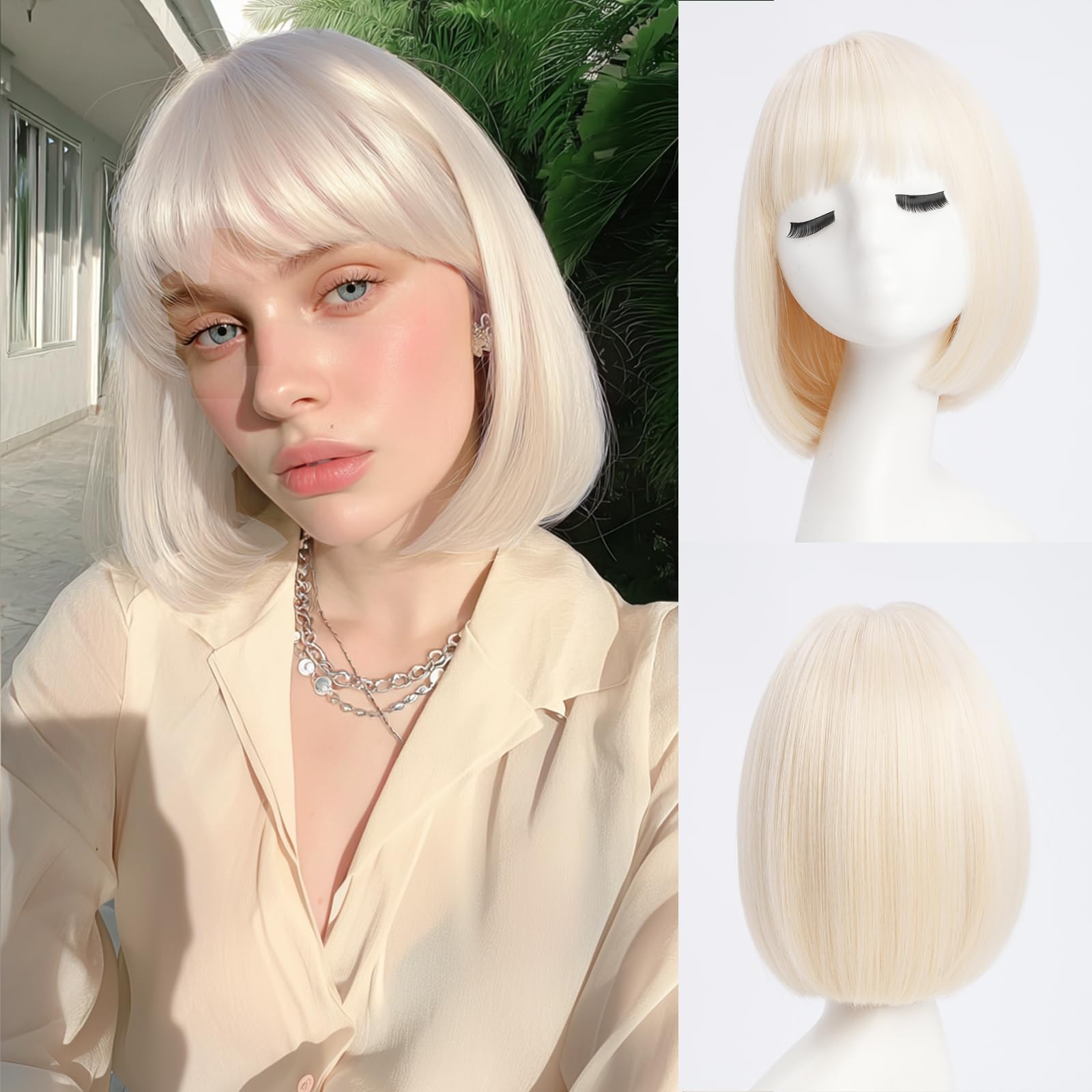 YaissmyLu Short Platinum Blonde Straight Wig with Bangs Light Blonde Bob Wigs for Women Natural Looking 613 Blonde Synthetic Hair Heat Resistant Fiber Wig for Daily Party Cosplay (10 inch)