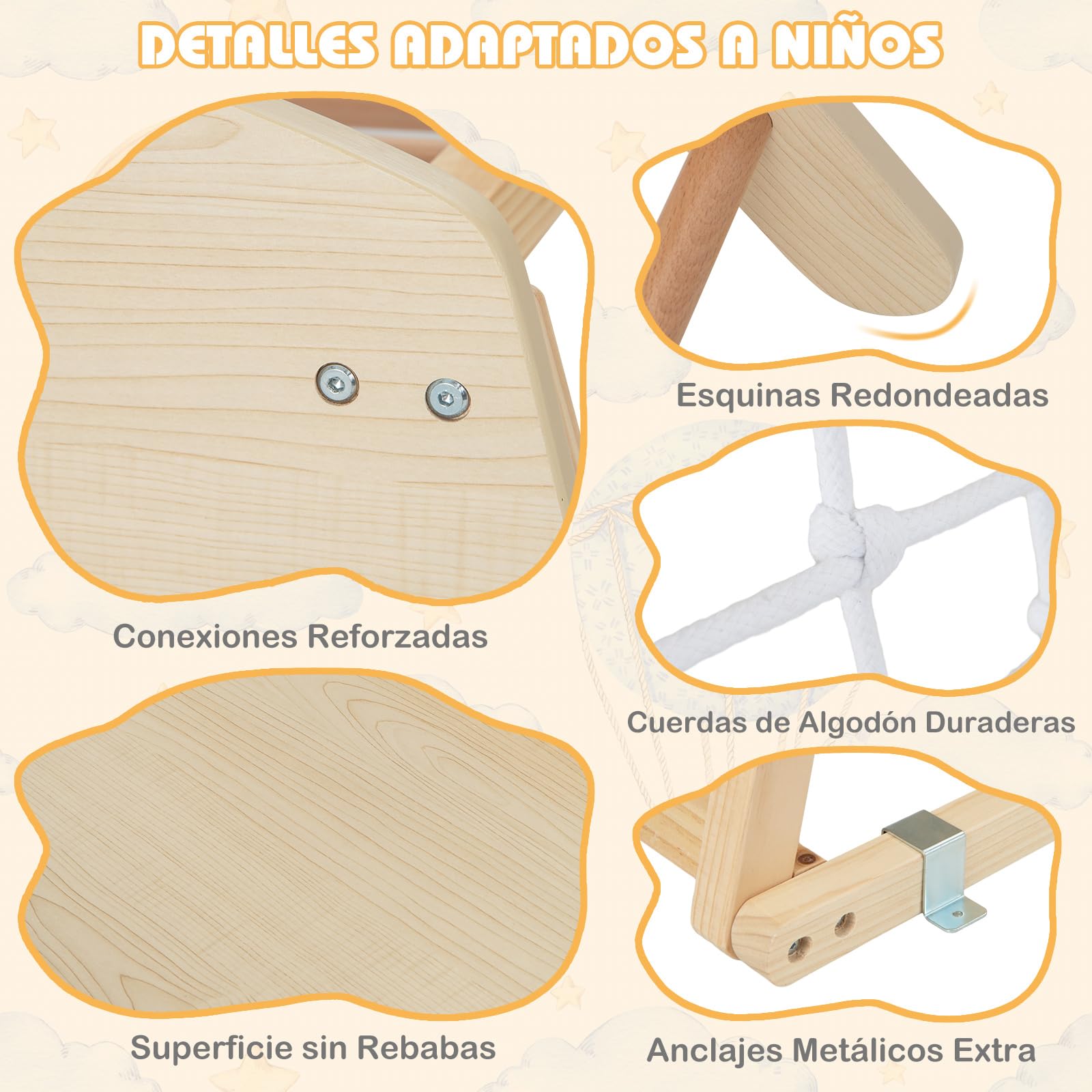 COSTWAY Parque Infantil para Interior 6 en 1, Montessori Parque Infantil Barras, Tobogán, Cuerda y Escaleras de Madera, Juego Escalador de Juguete con Anclajes para Niños 1+ Año (Natural)