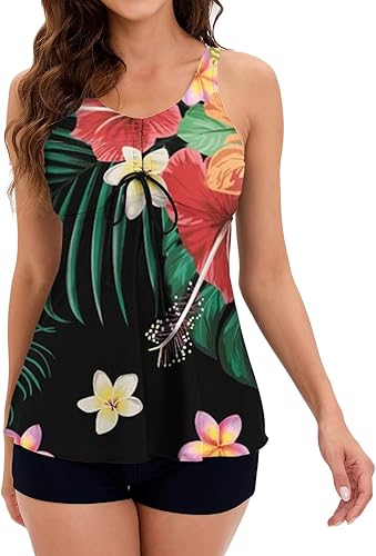 JEGULV Traje de baño tankini deportivo de dos piezas con estampado floral para mujer, sin mangas, con parte inferior