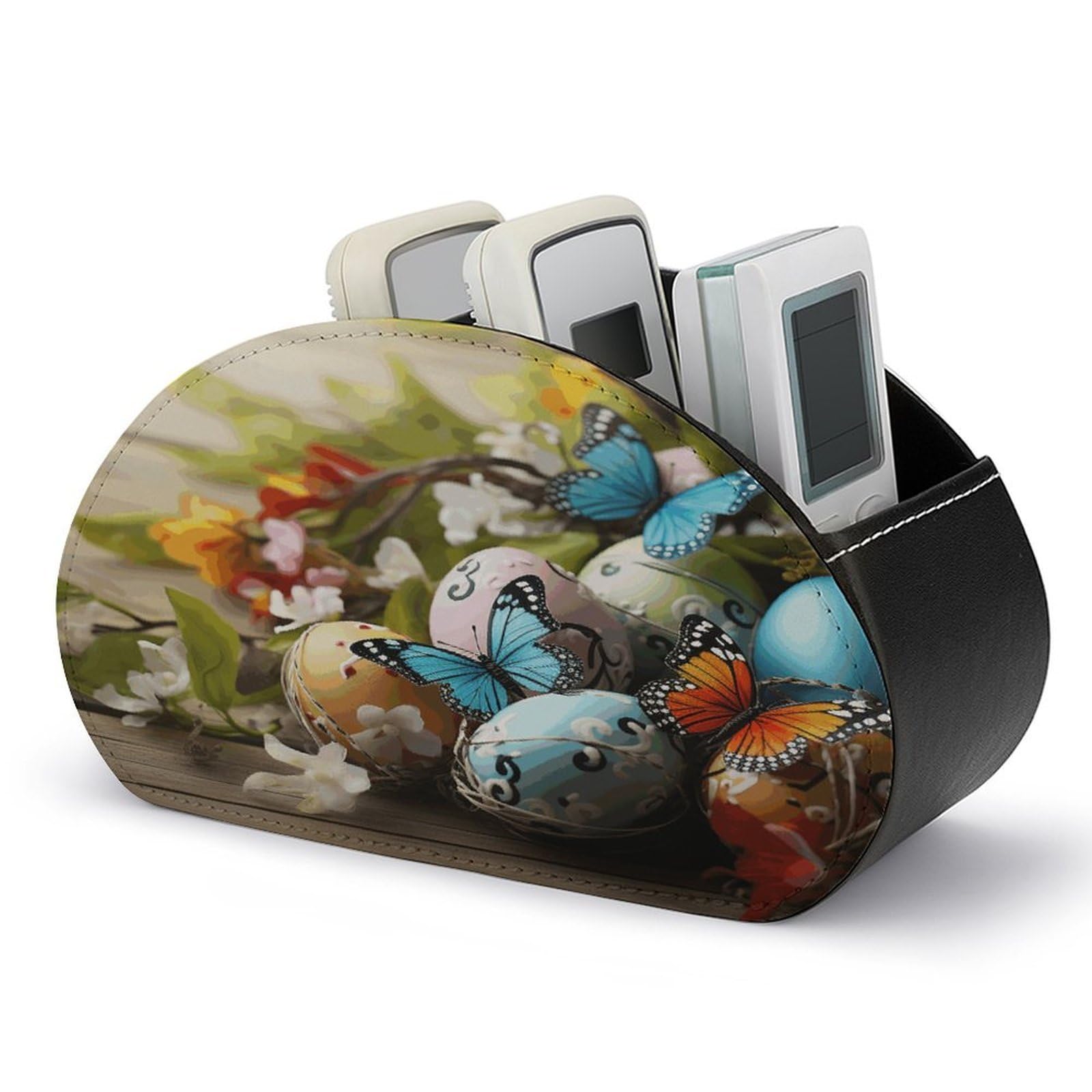 JTREHY Easter Eggs with Butterfly Remote Control Stand, 5 Compartments, PU Leather TV Storage Tray, Bedside Storage Box Organizer