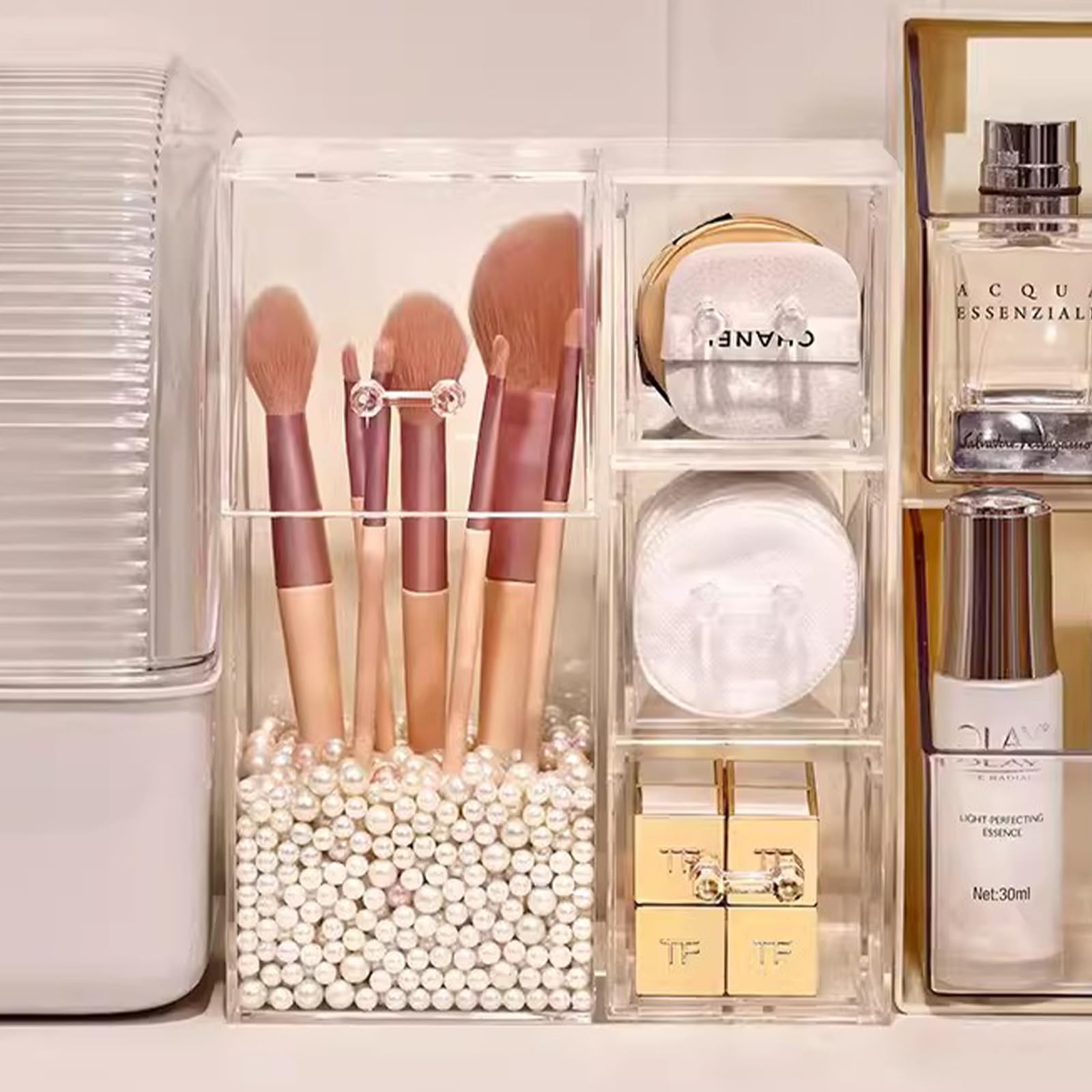 Shellkingdom Make-up-Pinselhalter, transparenter Kosmetikpinsel-Organizer mit Schublade zur Aufbewahrung von Pinseln mit Deckel und Perle für 