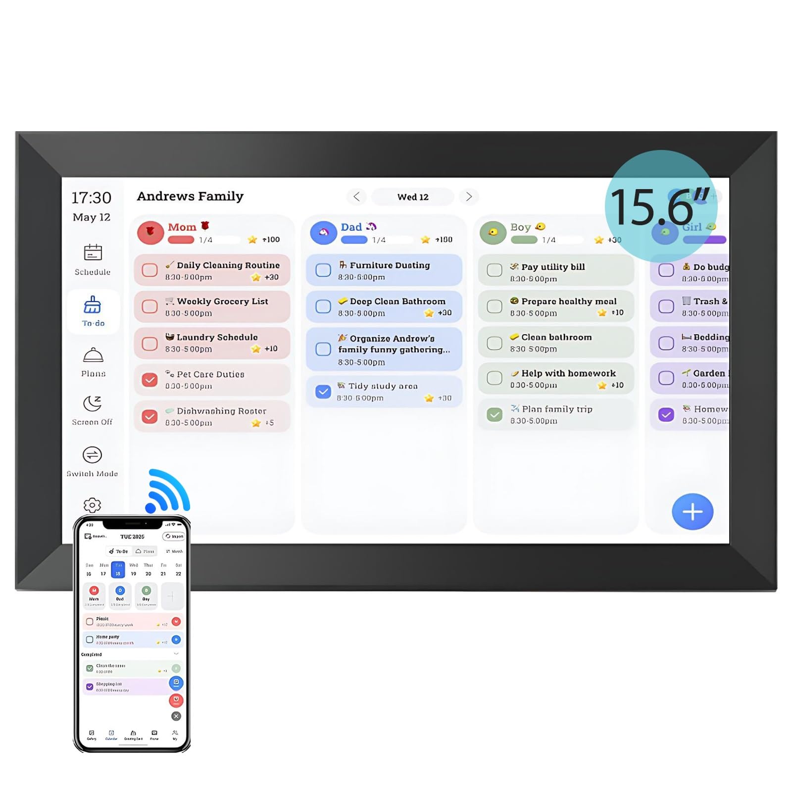 Elektroniczny Kalendarz Smart HD o Przekątnej 15.6", Inteligentny Organizator Rodzinny i Planer Ścienny FHD, Wi-Fi, 32 GB, Pokaz Slajdów na Ekranie, do Sypialni, Przypomnienie(Black)