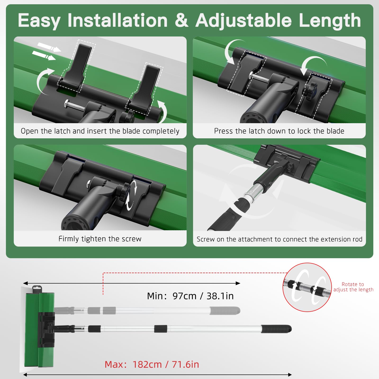 Juego de espátulas de superficie, herramienta de espátula (250/400 mm/600 mm) y barra telescópica de 0,97 m hasta 1,82 m, con adaptador, kit de espátula de alisado multifuncional para grandes (Verde) - 5