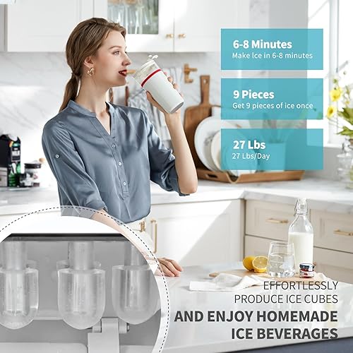 Miniatura 3 de VECYS Enfriador dispensador de agua con máquina de hielo, fabricación diaria de hielo de 27 libras y suministro de agua fría caliente, bloqueo de