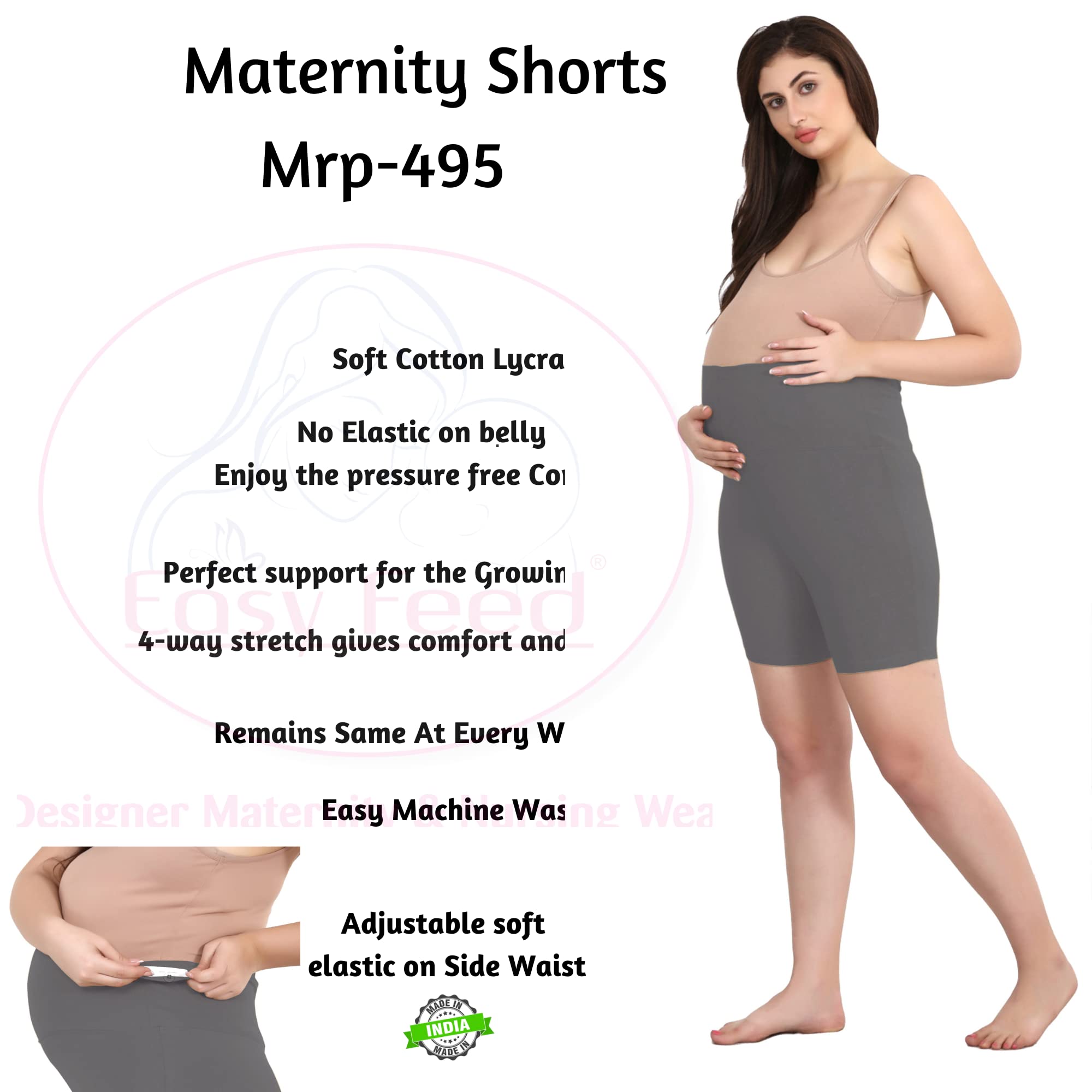 Easy Feed Women's Cotton Maternity Shorts Over The Belly for Pregnant Women for Pre & Post Pregnancy | Prevents Inner Thigh Chafing Caused by Weight Gain | Soft, Comfy & Stretchy Cotton Grey(L) - Image 2 thumbnail