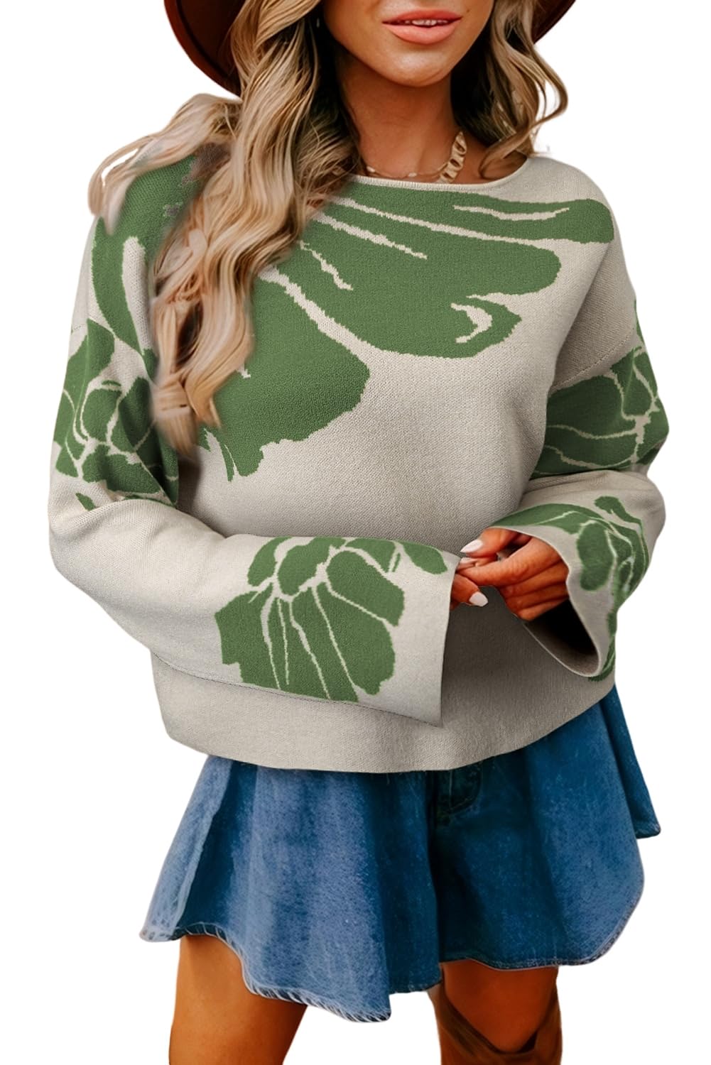 Womens Sweater 2025 Beige Bold Flower Pattern Wide Sleeve Baggy Sweater