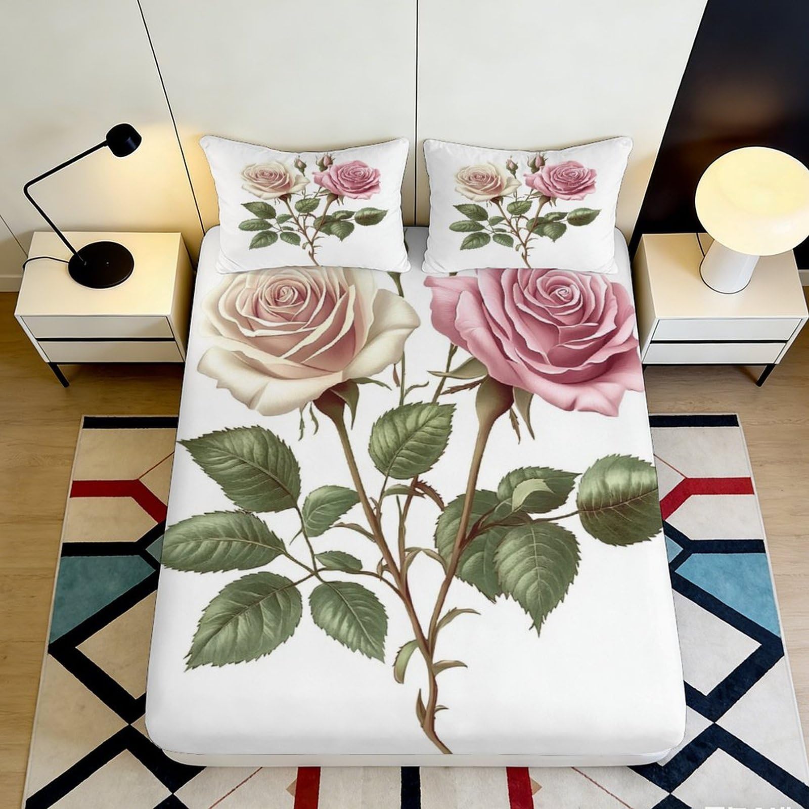 C8q5l1t3 Style-7 3D Printed Rose Fitted Sheet Microfiber Deep Pocket Non-Slip Bedroom Bedding Rose Mattress Fitted Cover Elastic Hem Washable For Adults 160X200x25cm