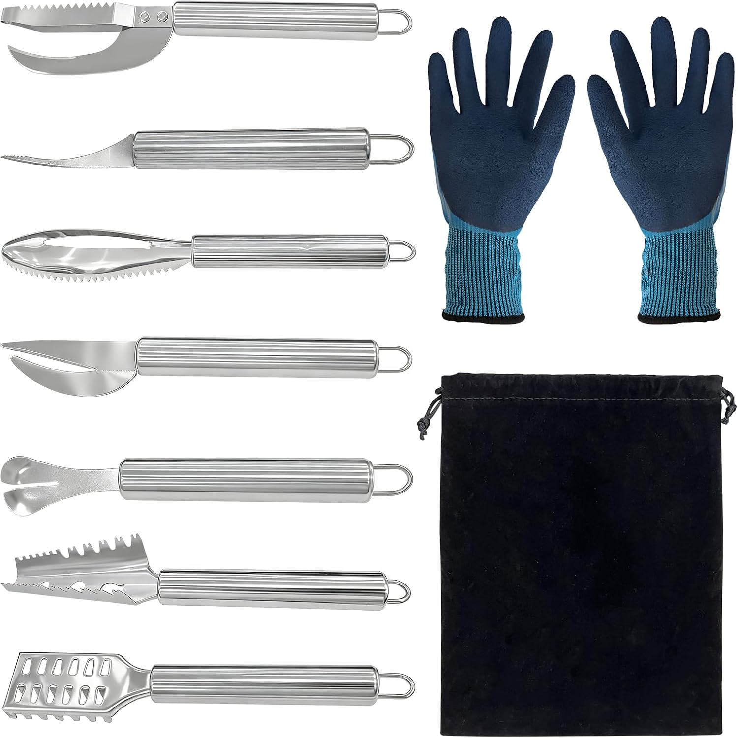 10pcs Fish Scaler Remover, Stainless Steel Fish Scaler Brush, Shrimp Peeler, with a Pair of Specialized Waterproof Thick Gloves and thickened flannel bag, Fish Knife for Fish Scales Removing Peeling