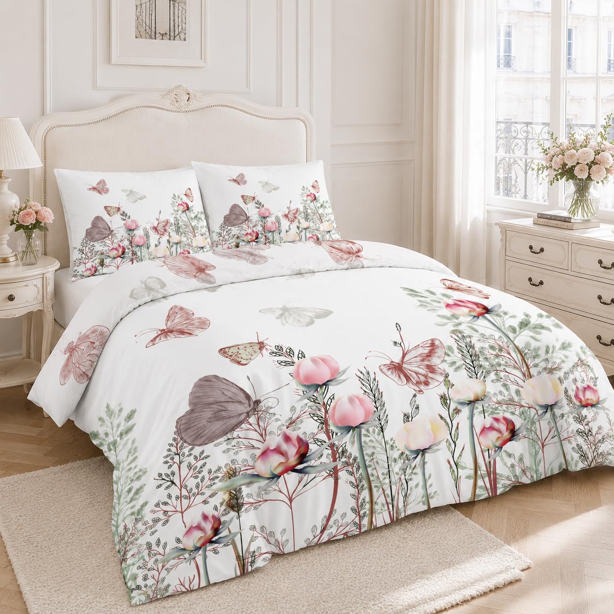 Housse de Couette 220x240 cm Blanche Fleur Parure de Lit Adulte avec Fermeture Éclair, Papillon Linge de Lit Parure Housse Couette 2 Personnes en Microfibre + 2 Taie d'oreiller 65x65 cm