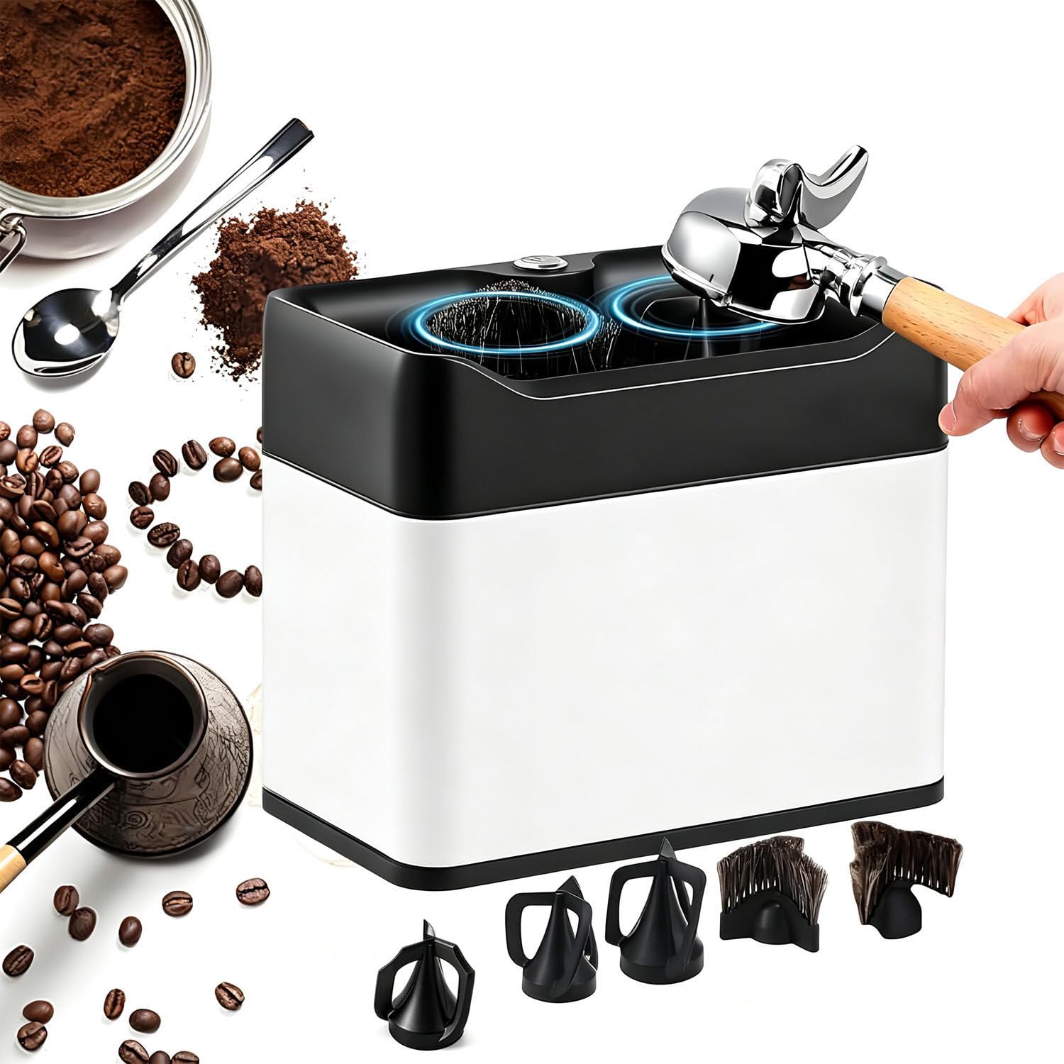 Limpiador eléctrico de portafiltros, máquina automática de Limpieza de portafiltros con 3 raspadores y 2 Cabezales de Cepillo, contenedor de Gran Capacidad (3 l) para residuos de café; White
