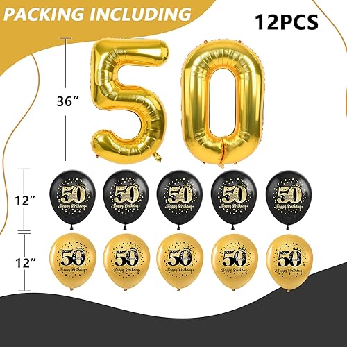 Miniatura 2 de Decoraciones de fiesta de cumpleaños número 50 en negro y dorado para mujeres y hombres, saludos a los 50 años, pompones de papel, remolino