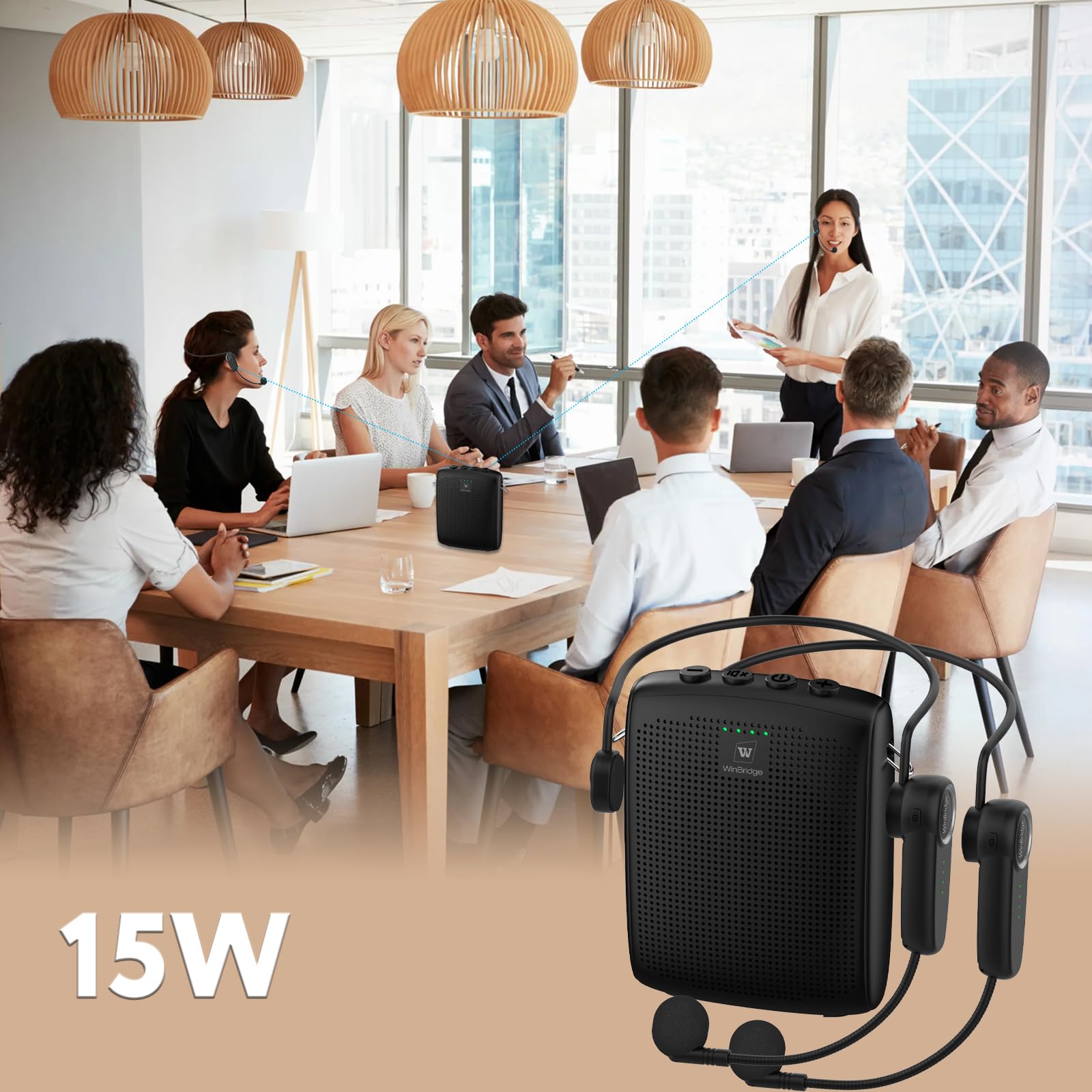 Amplificador de Voz inalámbrico WinBridge con Dos micrófonos de Auriculares Bluetooth, Altavoz portátil y micrófono para Profesores, megáfono portátil con Sonido Claro de 15W|2600mAh WB002 Plus