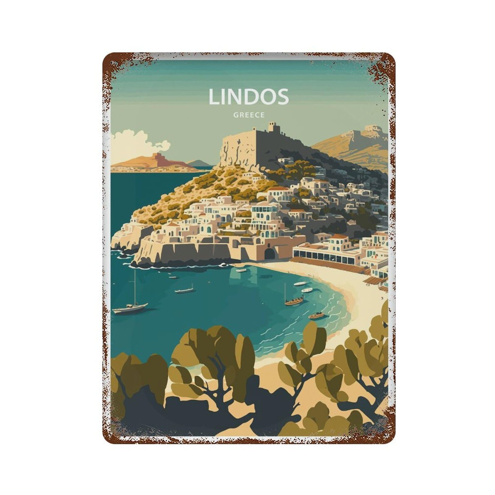 xiaoxiaoshen Lindos Travel Greece Rhodes Island_3 Wall Decor Art Metal Tin Poster Modern Home Decor Art Home Bar Shop Decorations Vintage Sign 40x30cm