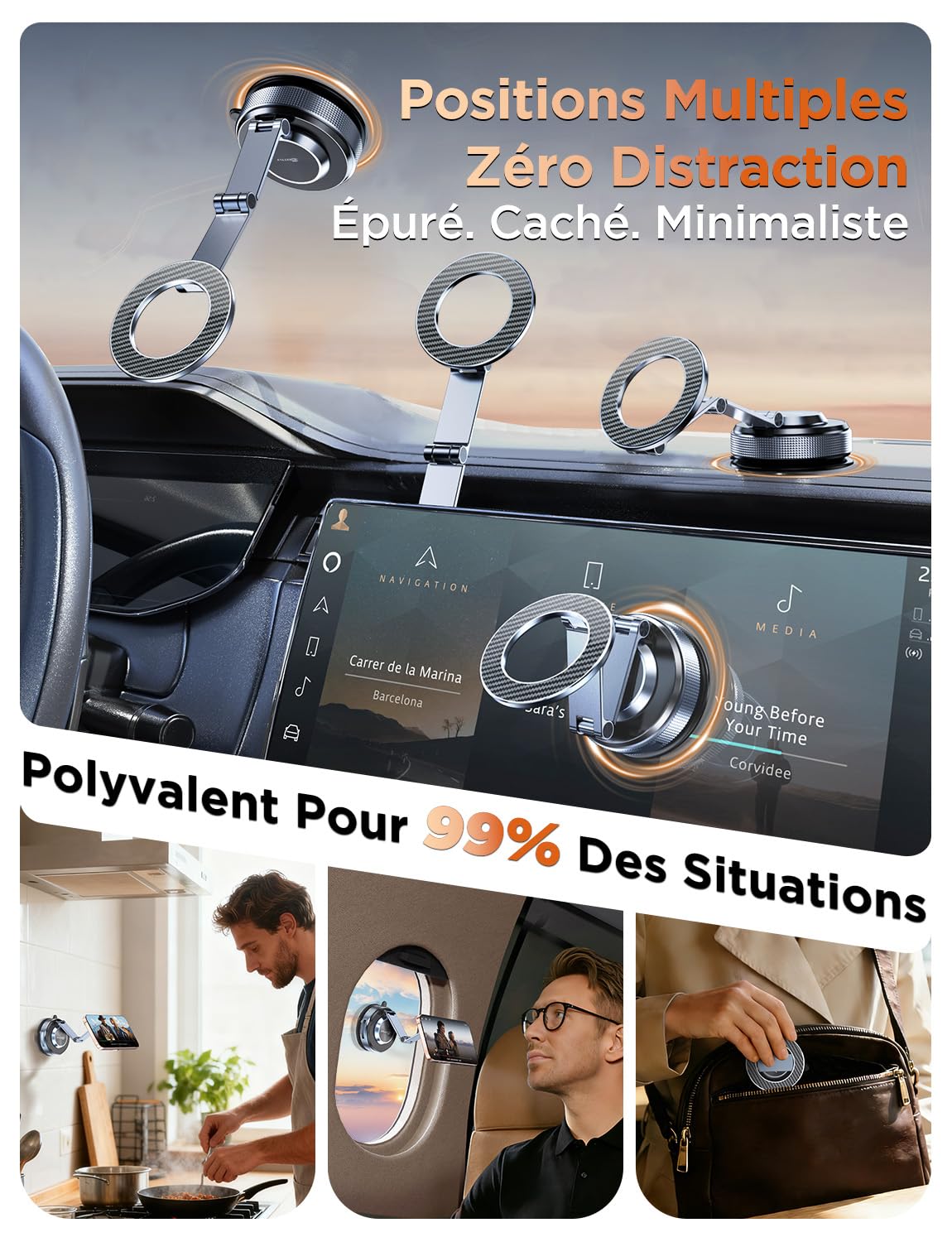 MSXTTLY Support Téléphone Voiture – Vmag S3 Adaptateur Magnets Puissants ＆ Longue en Alliage, Support Téléphone Portable pour iPhone 17 Pro Max, iPhone 16 Pro Max et Android (avec Anneau Magnétique)