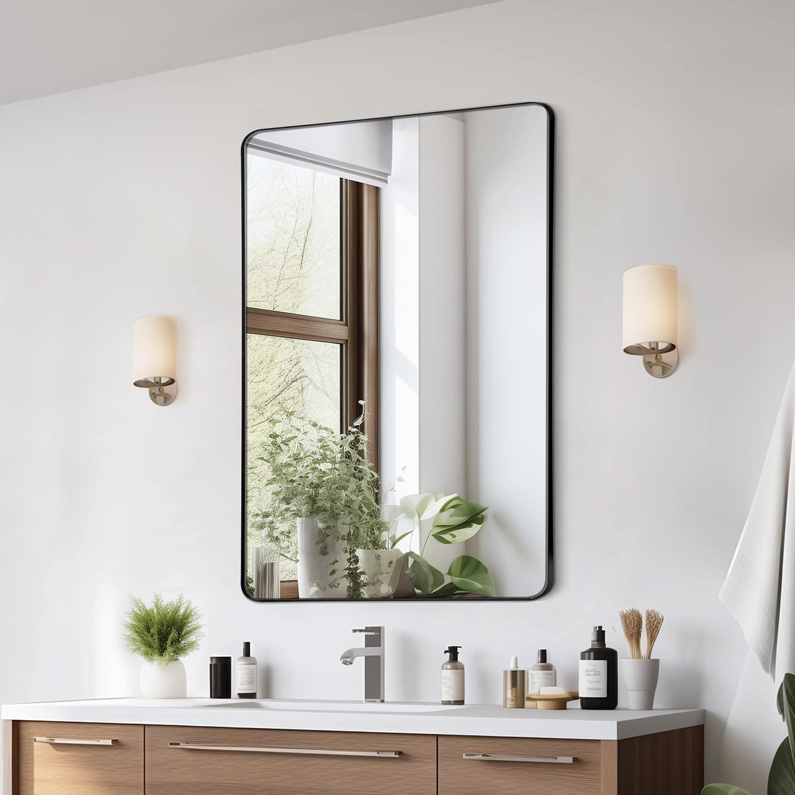 VEVOR Espejo de Pared Espejo de Maquillaje Espejo de Baño 1016 x 762 x 25 mm Espejo Rectangular Marco de Aleación de Aluminio Negro con Soporte en Forma de Z para Baño Dormitorio Sala de Estar