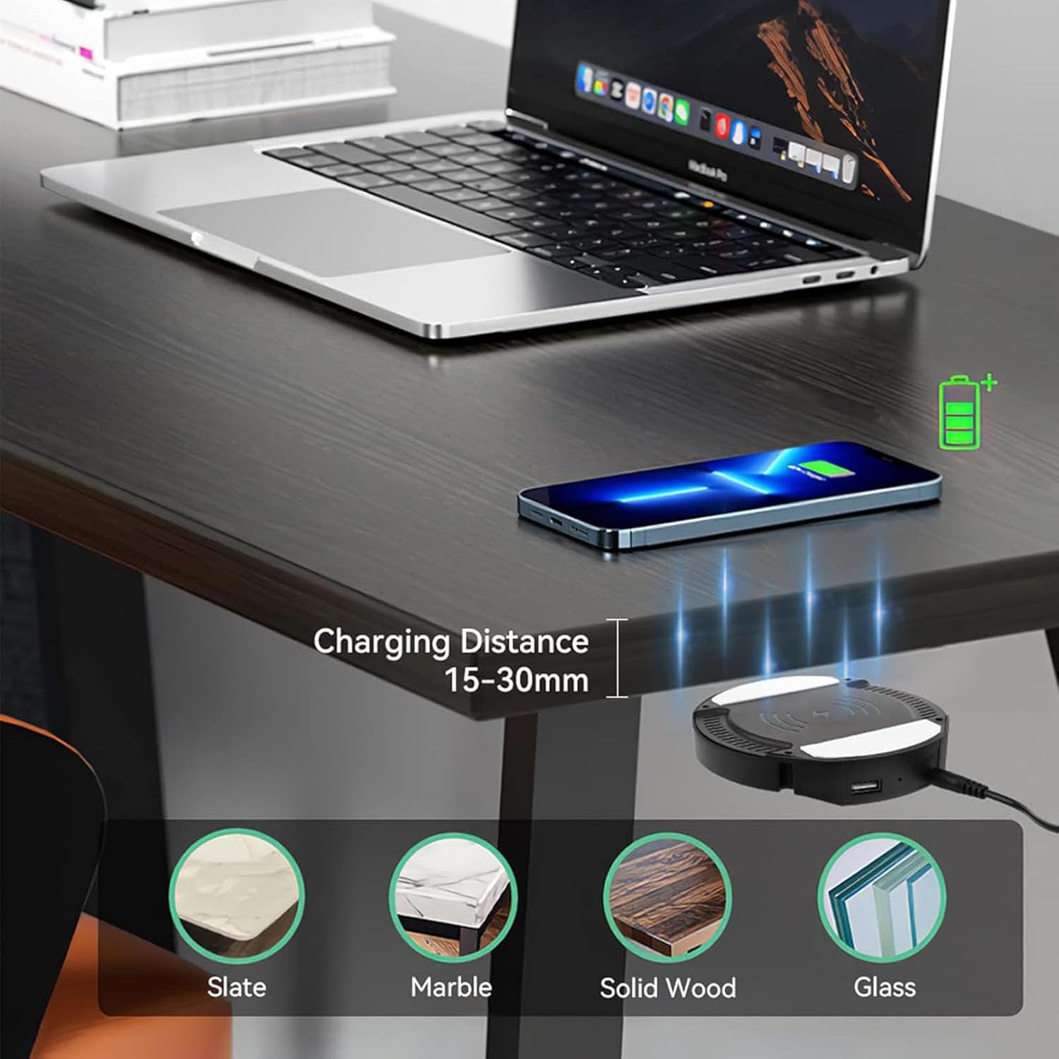 Cargador inalámbrico Invisible, Almohadilla de Cargador inalámbrico rápido de Larga Distancia de 30 mm para i-Phone Cargador inalámbrico Invisible Muebles de Escritorio Ocultar Cargador