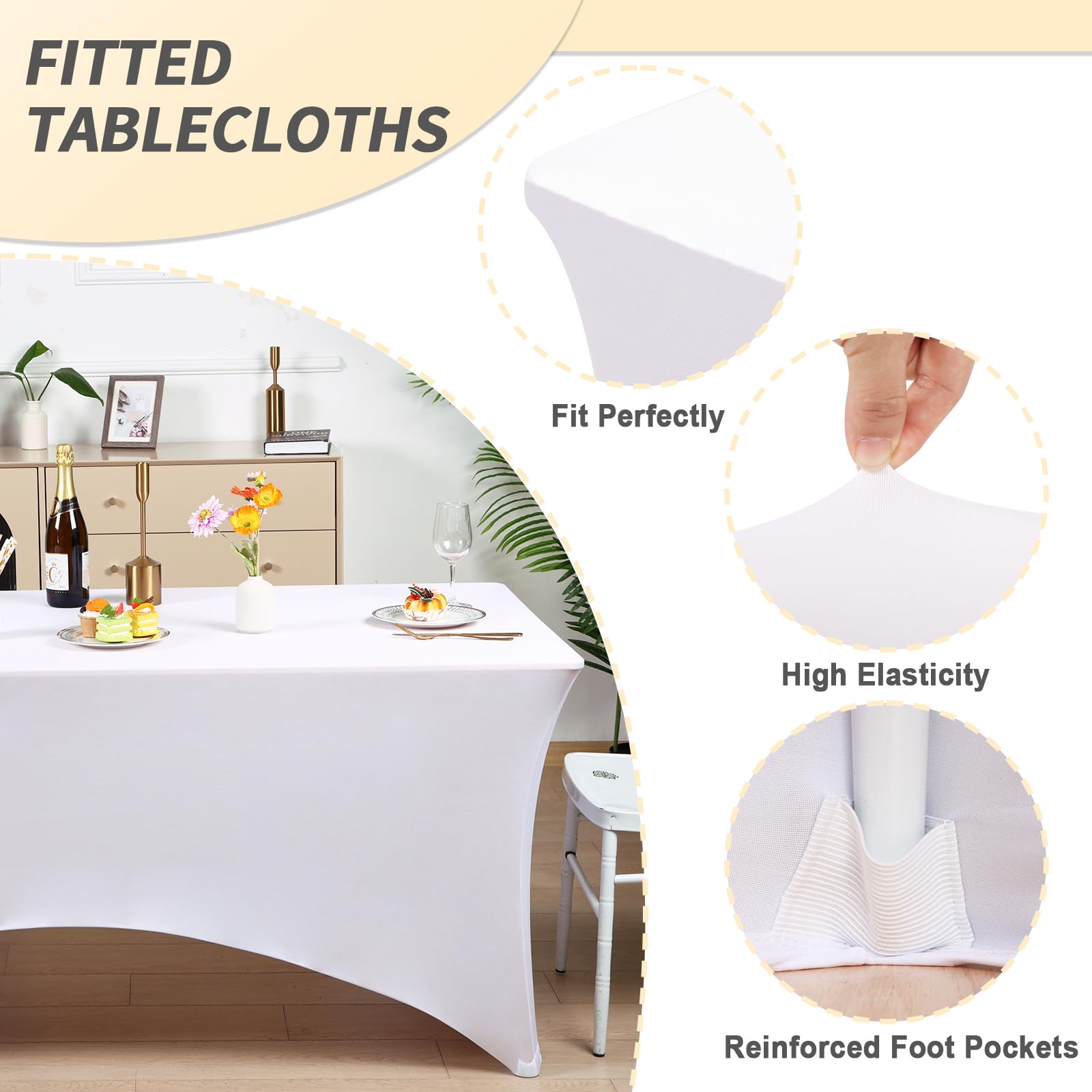Fixwal Paquete de 10 manteles rectangulares de elastano elástico de 8 pies para mesa de patio, eventos, bodas, banquetes, fiestas (blanco, 96 pulgadas de largo x 30 pulgadas de ancho x 30 pulgadas de
