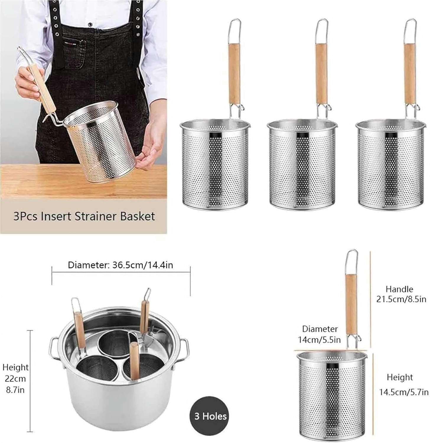 3 Piece Pasta Pot with Strainer Insert, Stock Pot and Pasta Pot Insert, for Home Kitchen Restaurant Commercial Cooking Tool,5holes-1