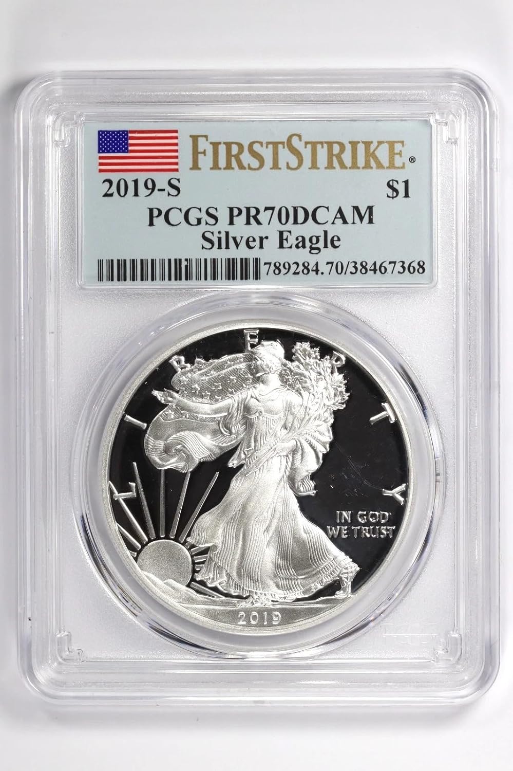 2019-S American Silver Eagle, PCGS PR70 DCAM, First Strike, Flag Label