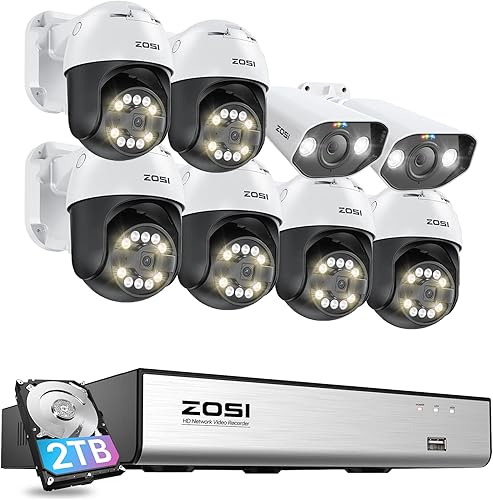 ZOSI Sistema de cámara de seguridad PoE de 8 canales 4K con detección de vehículos AI, 8 cámaras PTZ Bullet PoE de 5MP para exteriores, conversación