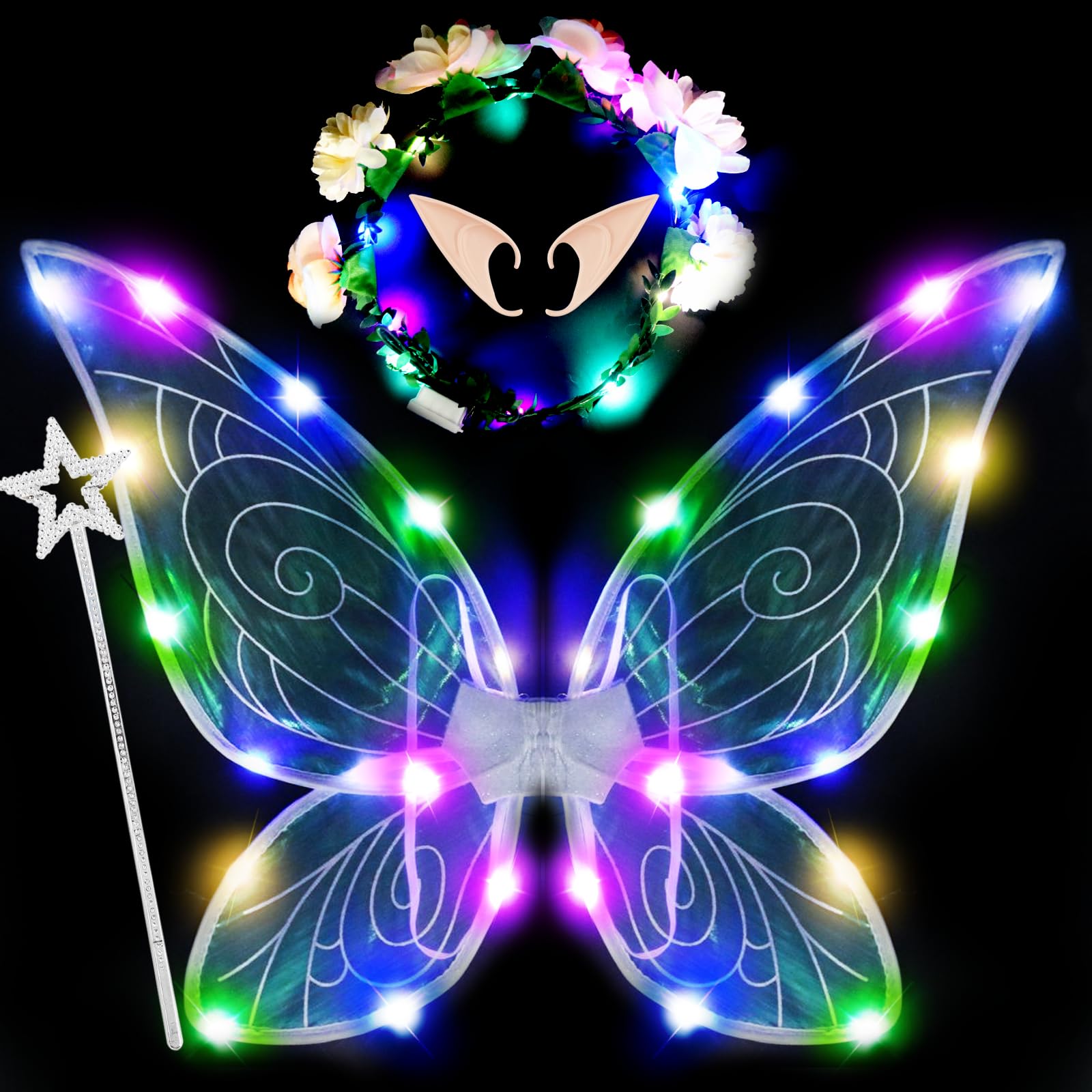 Newthinking Light Up Fairy Wings for Kids, Adult Fairy Wings with Wands Flower Headband and Elf Ears for Women Girls Dress Up Party, Colourful