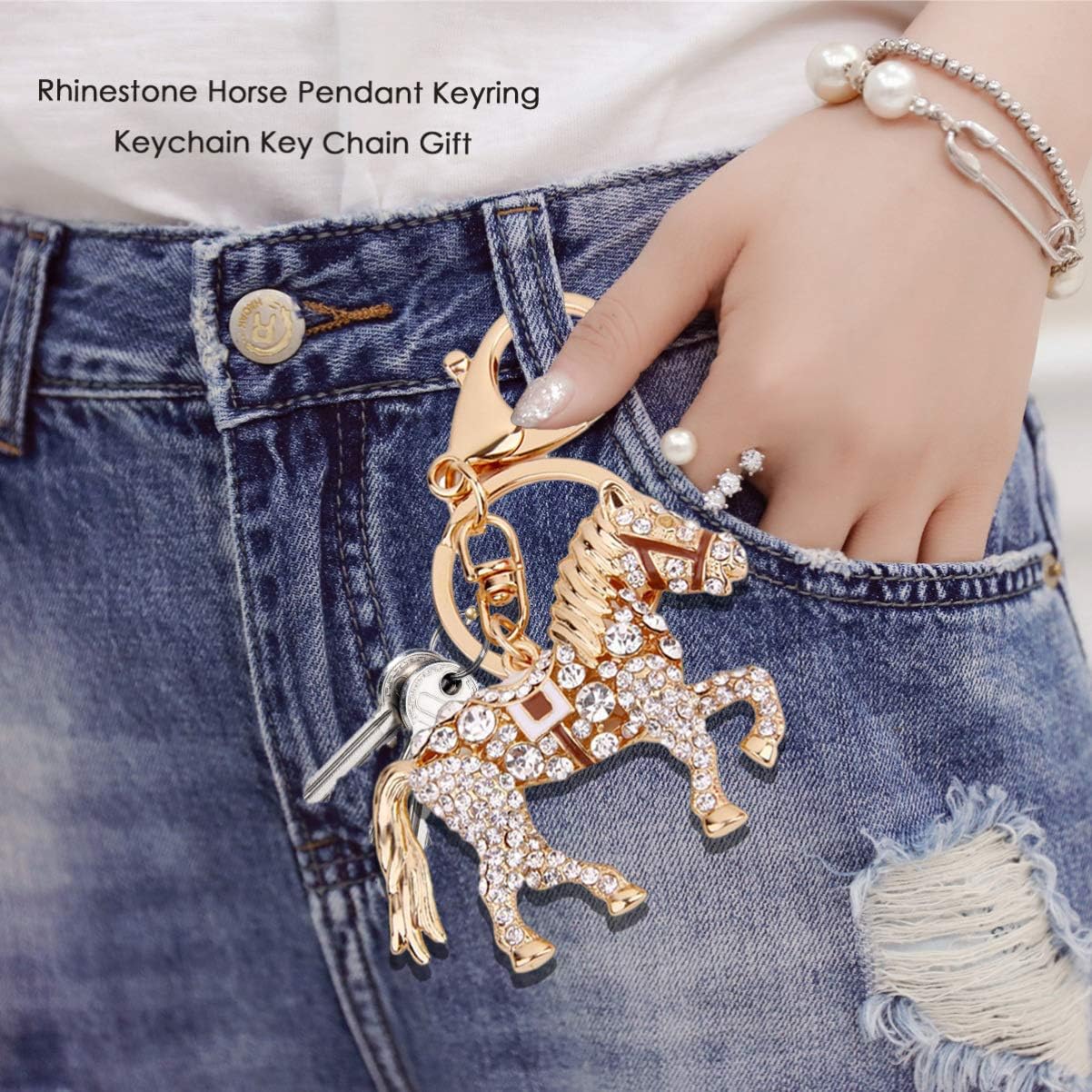 Uonlytech Crystal Key Ring Rhinestone Horse Keychain Rhinestone Car Keychain Crystal Horse Purse Charms for Handbags Mens Metal Wallet