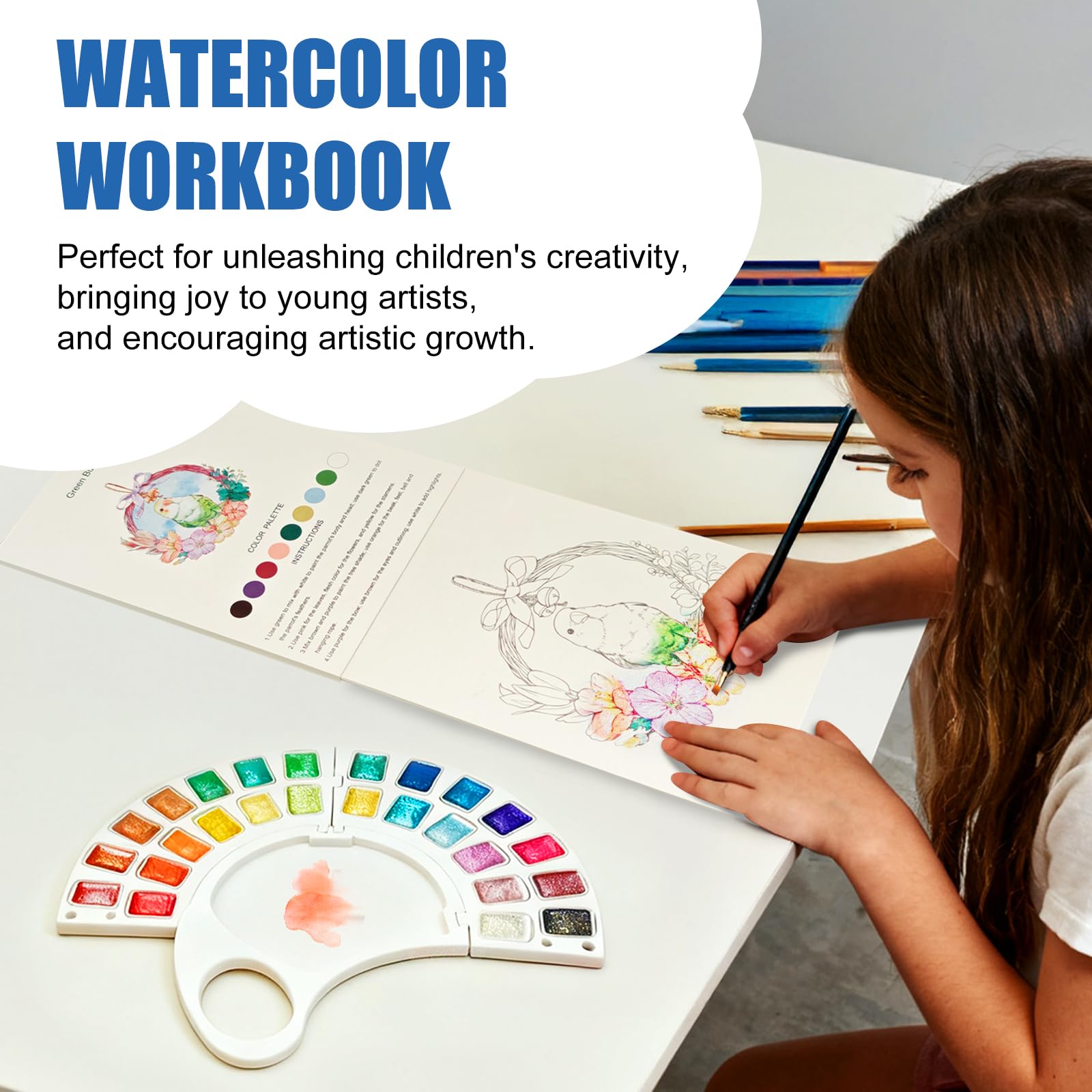 Quaderno per schizzi ad acquerello, 300 g, con 13 pagine, set di pittura a 26 colori con pennello e custodia, libro da colorare adatto ai principianti per adulti, set completo per arte a tema uccelli