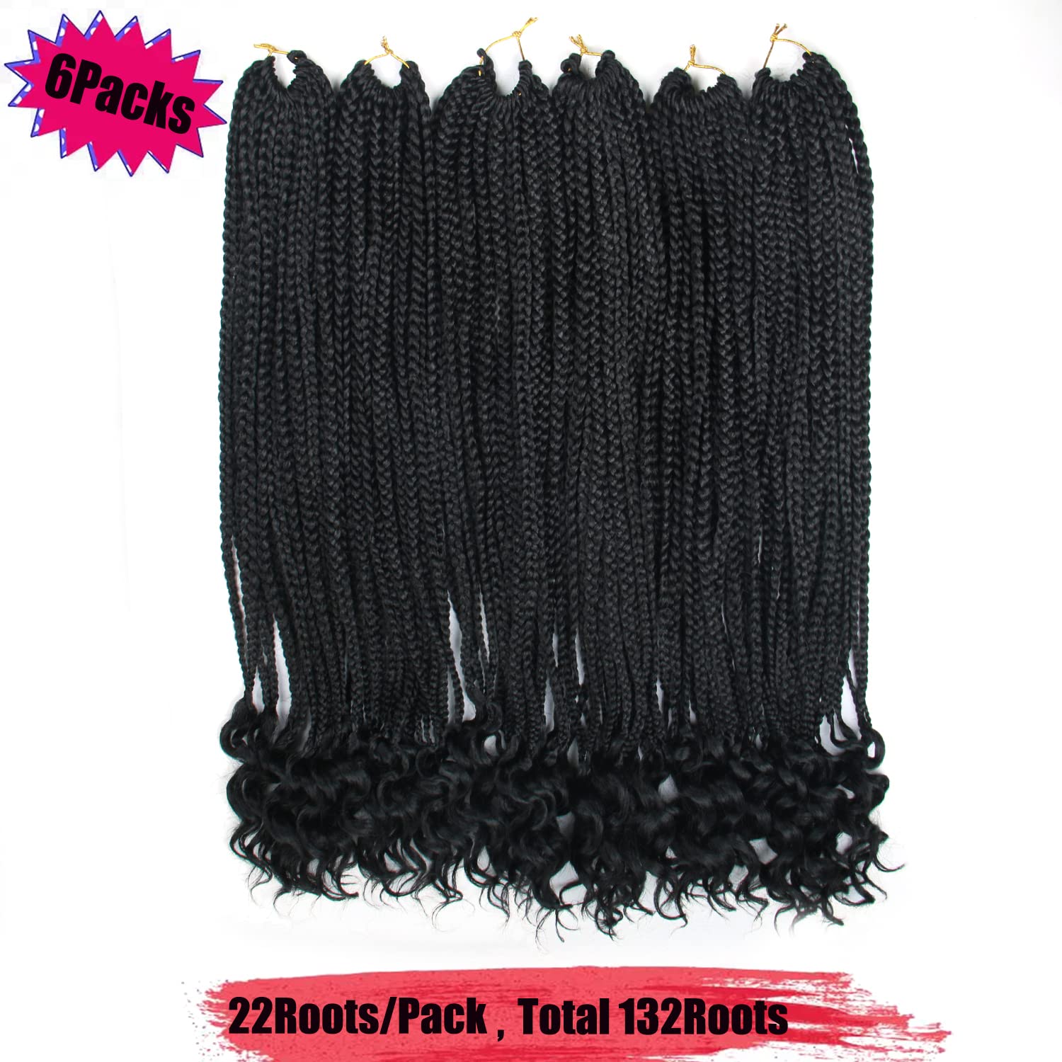 6Packs 26 Inch Crochet Braids Box Braids Crochet Hair For Women Black Crochet Braid Hair With Curly Ends Box Crochet Braiding Hair Extensions (26inch, 1B#)