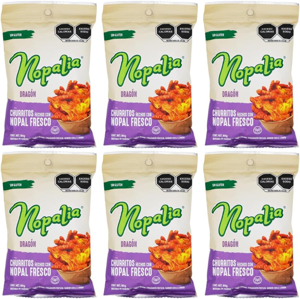 Nopalia Corn and Organic Cactus Snacks Churritos (Dragon (Like Takis Fuego), 6pk)