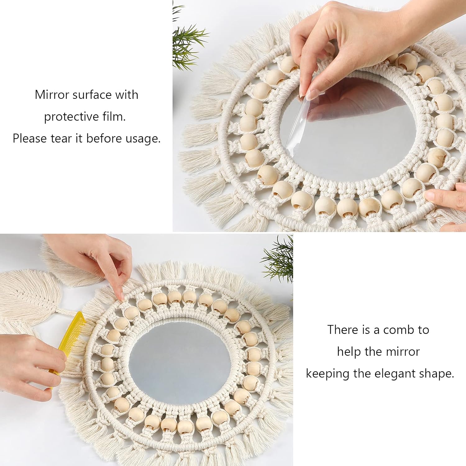 Dremisland Hanging Wall Mirror-Boho Macrame Fringe Round Decorative Mirror with Wood Beads Feather Pendant，Art Ornament for Apartment Home Bedroom Living Room - Image 6