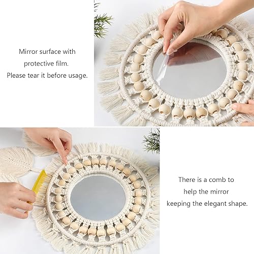 Miniatura 6 de Dremisland Espejo de pared colgante, 2 piezas, espejo de macramé, bohemio, con flecos, para montar en la pared, espejo decorativo redondo para