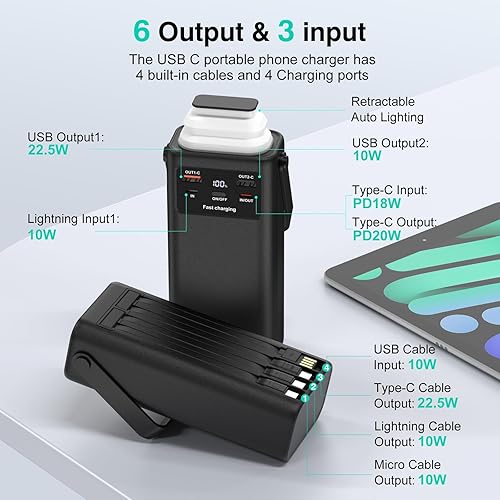 Miniatura 2 de Cargador portátil de 40000 mAh, cable integrado, PD de 22.5 W, cargador de batería externa con pantalla LED con iluminación automática retráctil,
