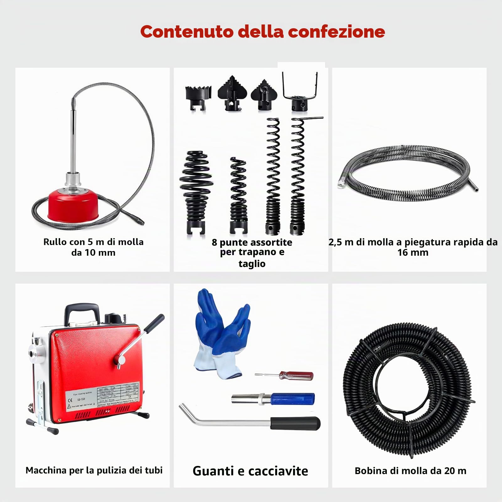 850W Macchina Sturatubi Elettrica, 400r/min Macchina per La Pulizia dei Tubi Della Coclea con Ø10mm Ø16mm Spirale e 8 Punte Diverse, Sturatubi Elettrico per Cucina Lavello di 16 mm