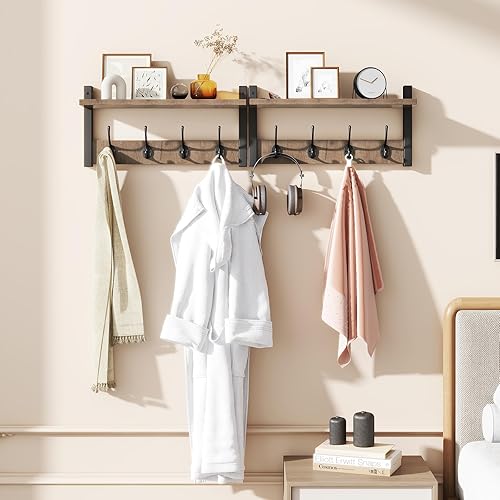 Miniatura 7 de YMYNY Estante Perchero montado en la pared, juego de 2 ganchos para abrigos, perchero de entrada con 8 ganchos, estante flotante de pared de 31.5