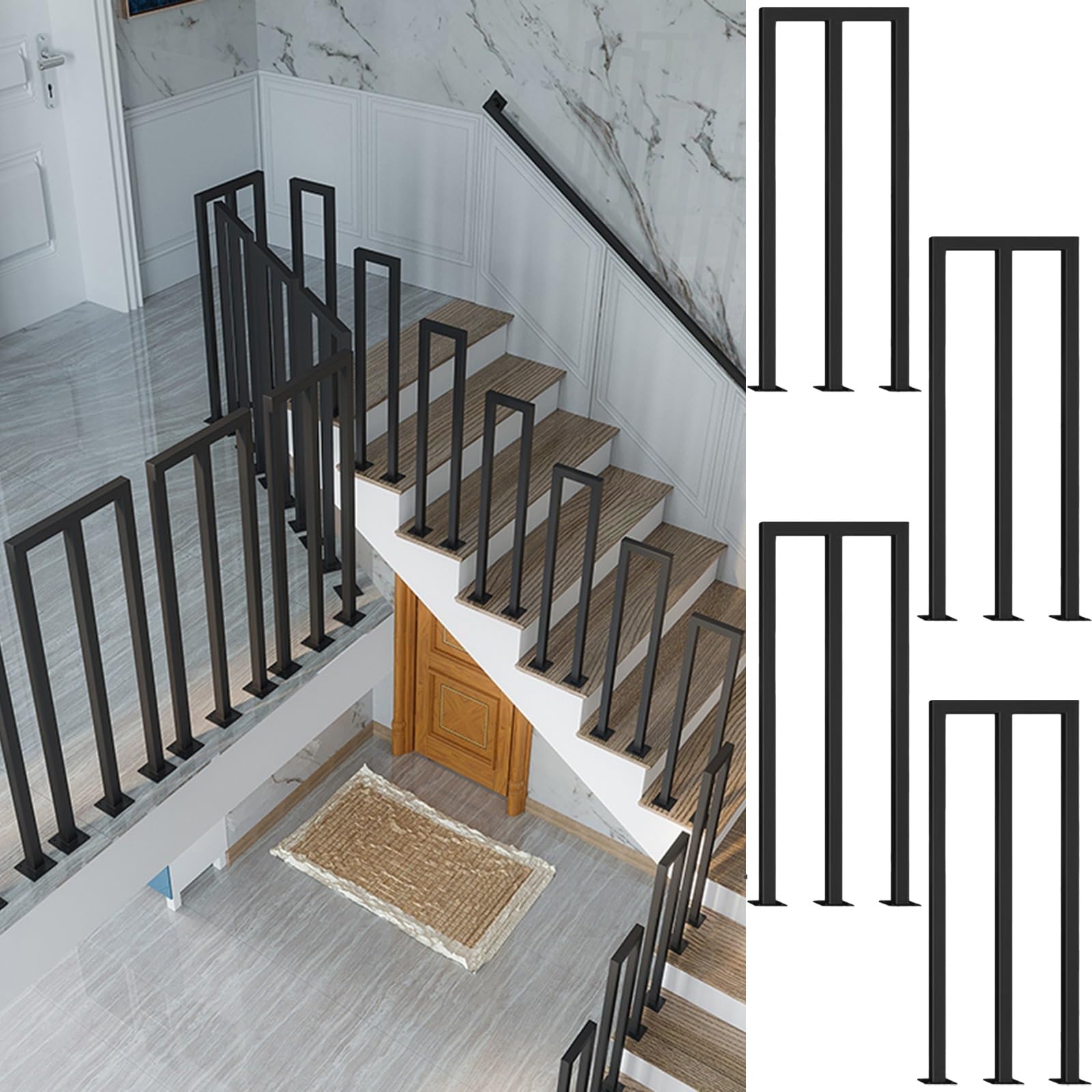 LWJSOCP Industrial Style Baluster U/M Shaped Stair Handrail Attic Guardrail Spindle Black Square Iron Banister Pole for Porch Deck Indoor Outdoor 60cm (23.6inch)