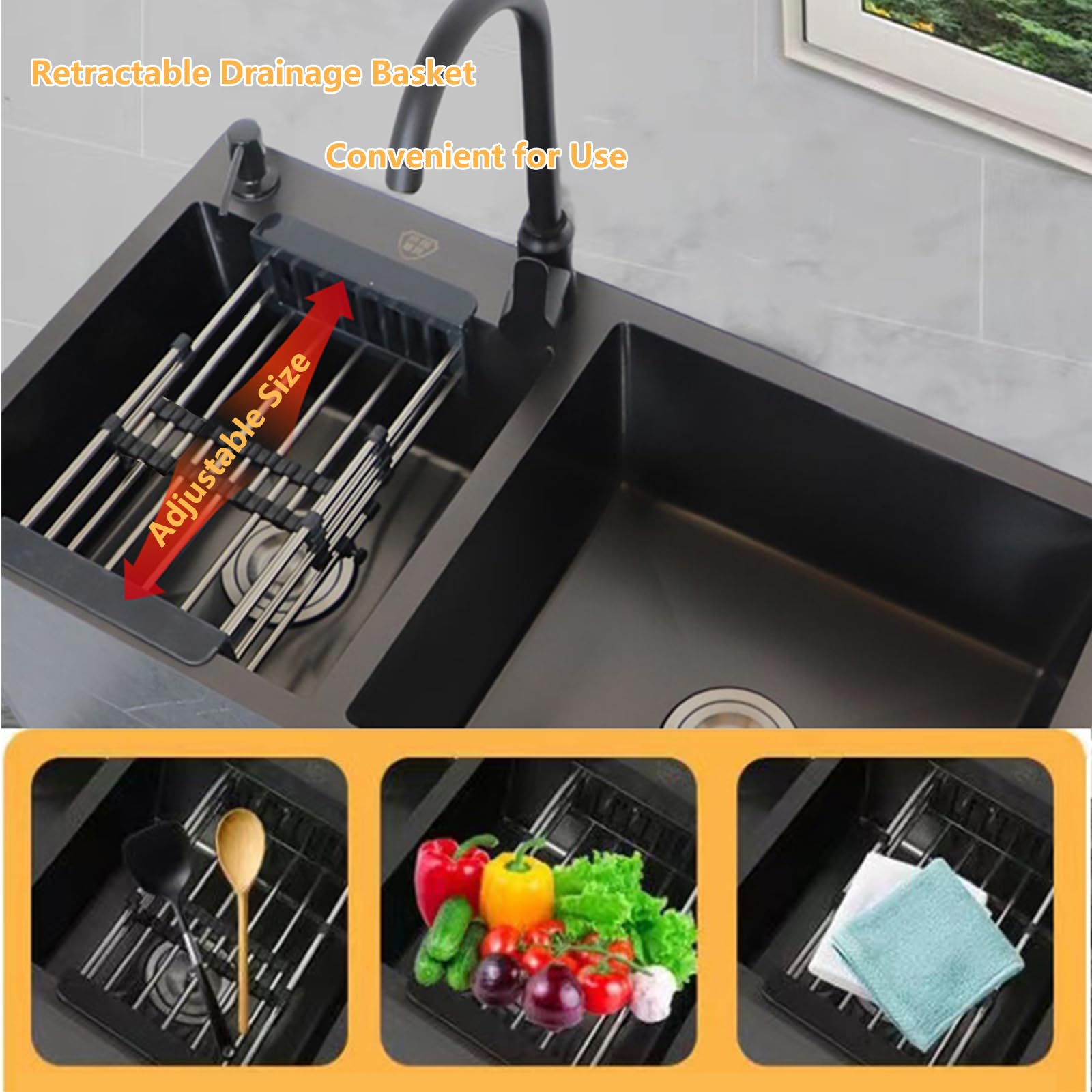 Waschbeckenunterschrank Modern Badmöbel Set Aufbewahrungsschrank + Waschbecken, Badezimmerschrank mit Edelstahl Spülbecken(780X430mm/30.7X16.9in,Black)