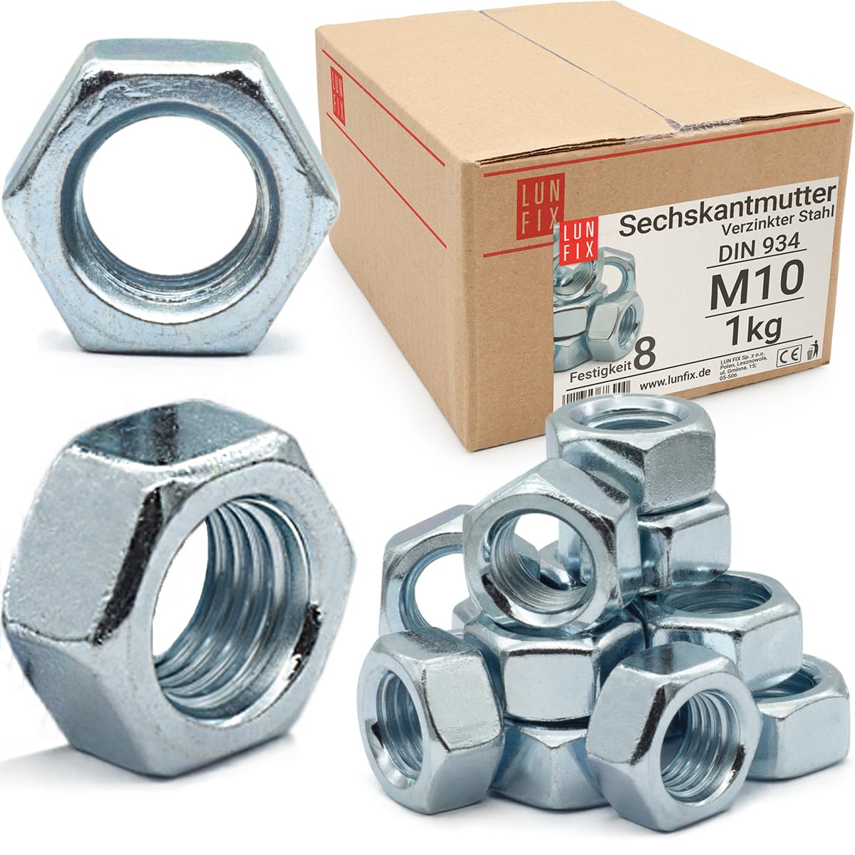 Dado Esagonale M10 DIN 934, Resistenza 8, 1 Kg (ca. 100 pezzi), Acciaio Zincato Galvanizzato, Dado Filettato per Viti, Barre Filettate e Bulloni Metrici, Uso Professionale e Fai da Te, Lun Fix