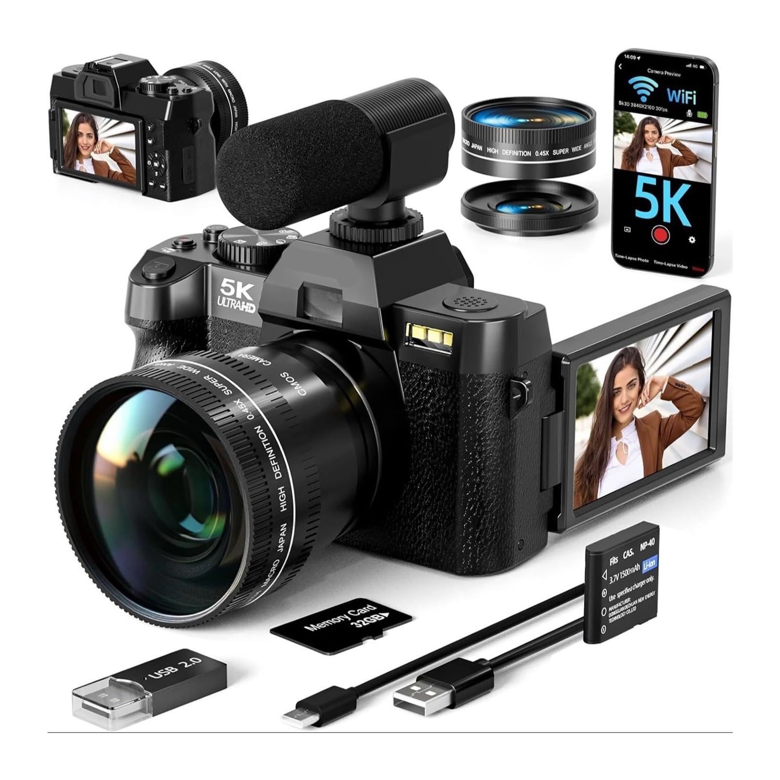 48MP 5K Digital Cameras for Photography, Travel and Vlogs with 16X Digital Zoom and 180° Rotating Screen.-image-42