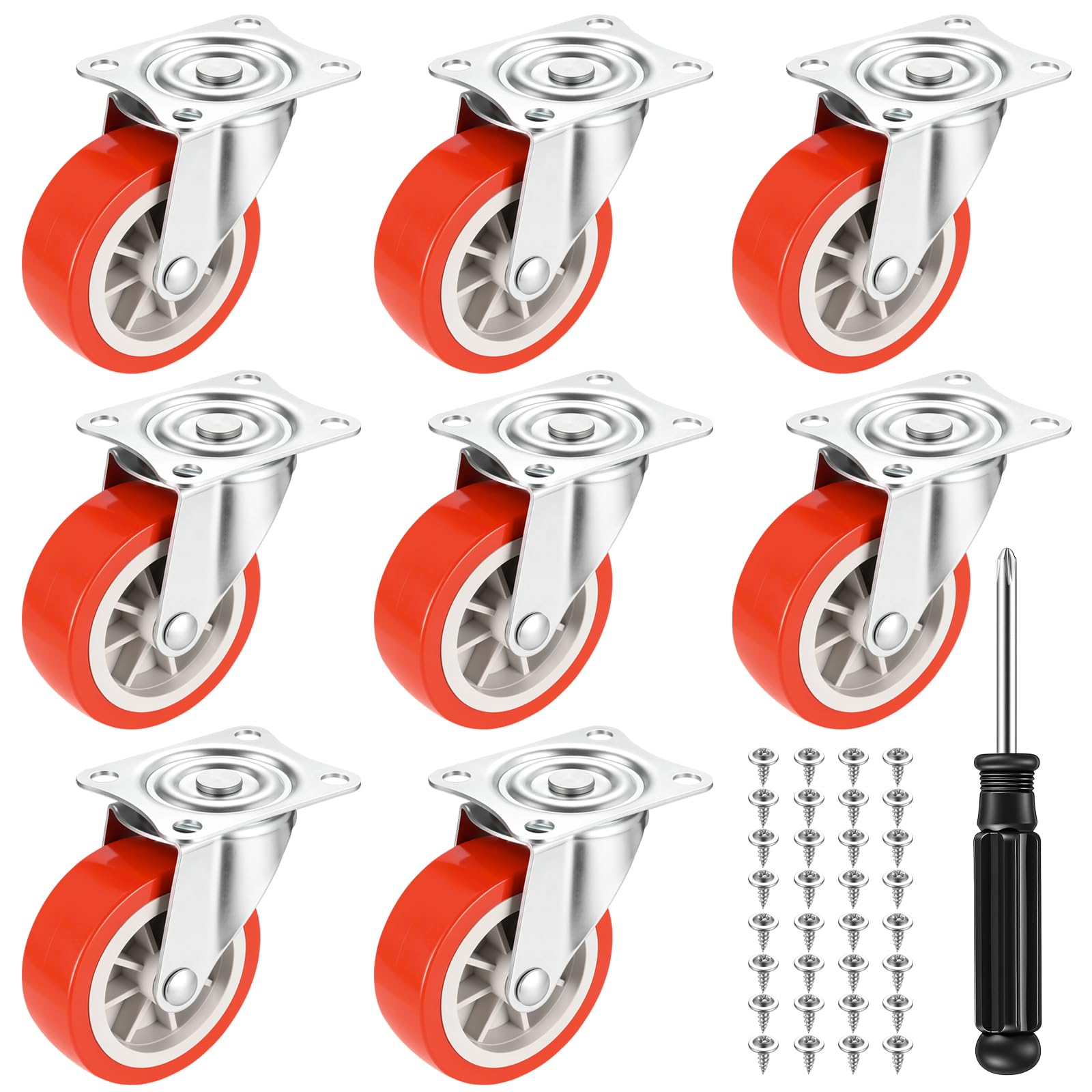 Biekezi 8 Pcs Swivel Caster Wheels 50mm Red, Heavy Duty 360° Rotating Furniture Castors with Rubber Wheels, Plate Mount Low Profile Casters for Trolley, Cabinet, Workbench, 32 Screws & Screwdriver