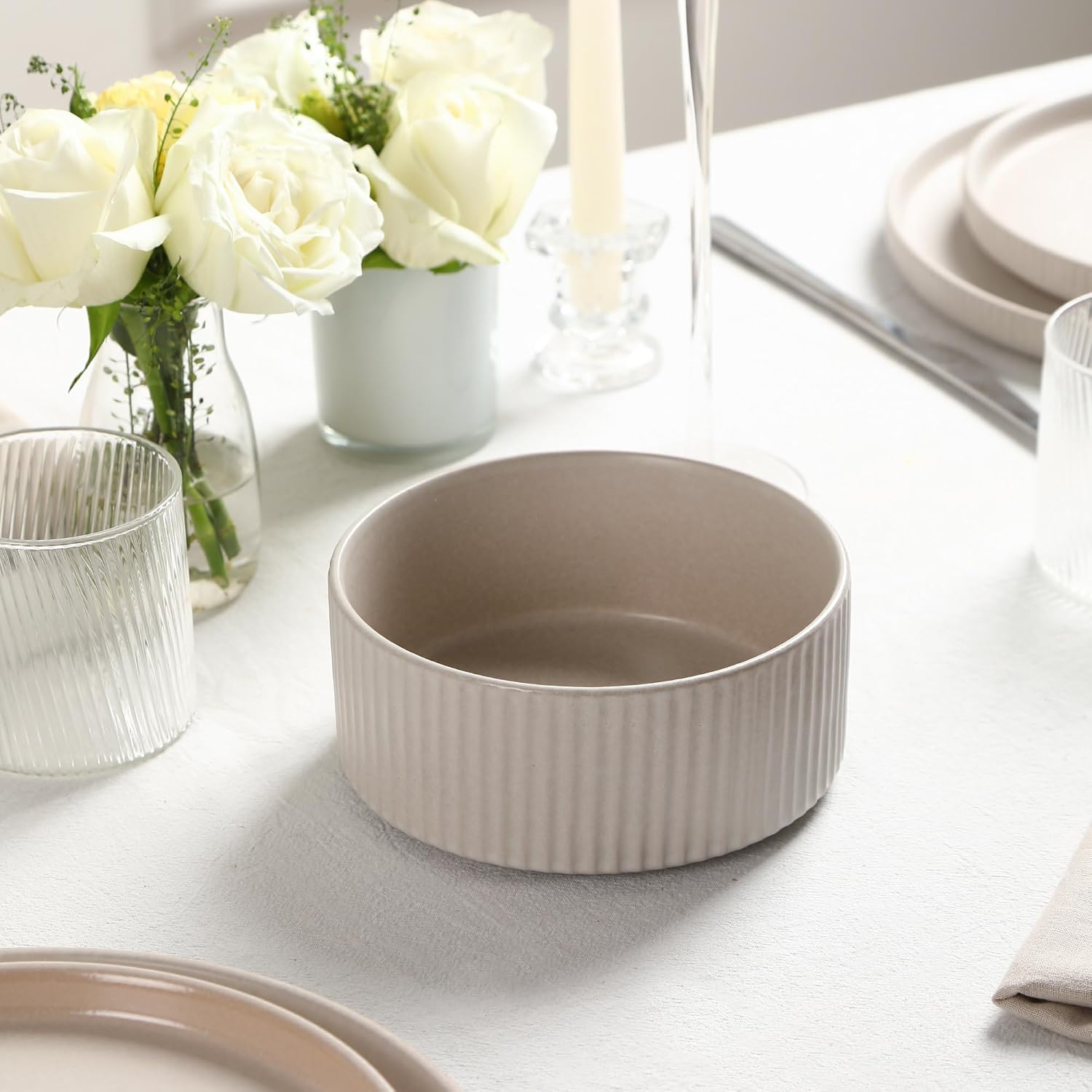 Stone Lain Haven Modern Stoneware 4 Piece Bowls Sets, Dish Set for 4, Reactive Glaze Sandy White