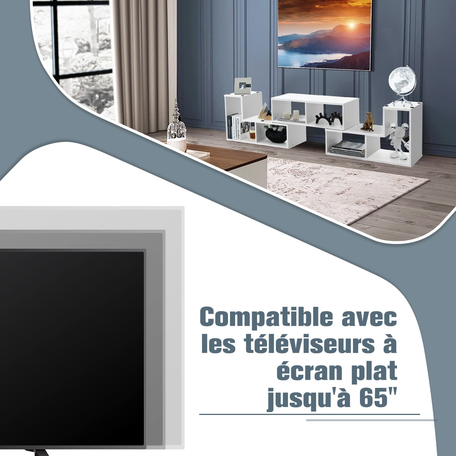 COSTWAY Meuble TV Modulaire 3 Pièces, Meuble Télé Angle Extensible 49 Pouces, Étagère Bibliothèque Bois 135x30x43cm Blanc