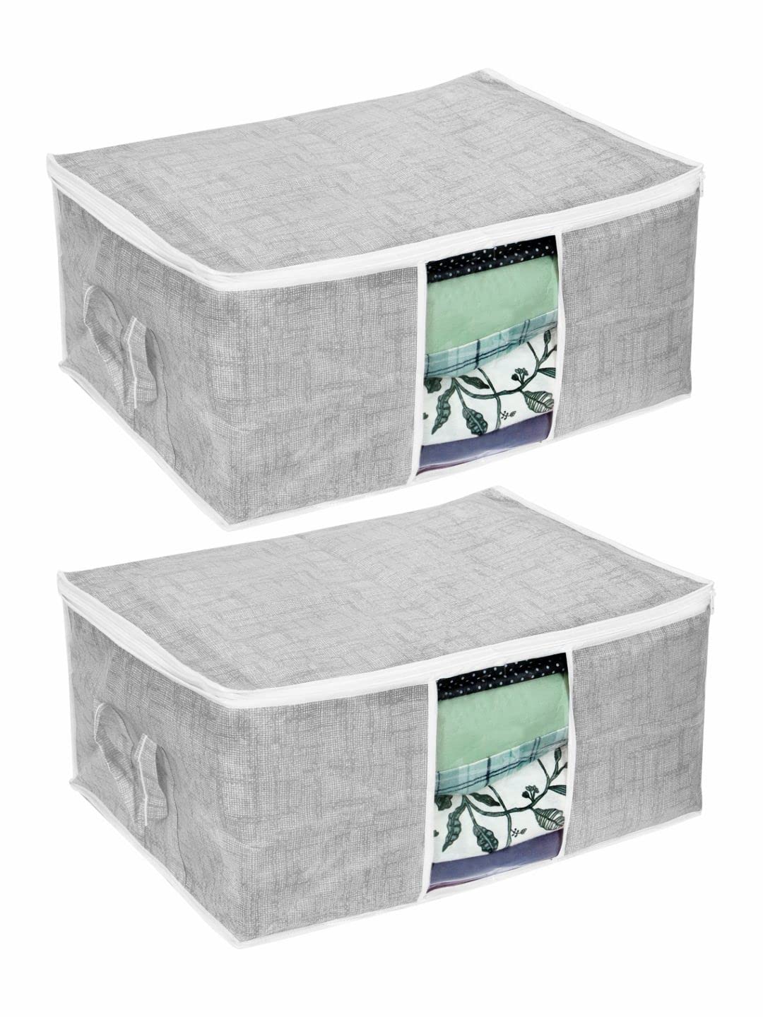 Pretty Krafts Set of 2 Non Woven Underbed Storage Bag with Handles, Clear Window & Zipper Lock | Quilt, Comforter & Blanket Cover Organiser | Foldable Cloth Storage Closet Bag (62x45x30cm, Jute Grey)-picture-10