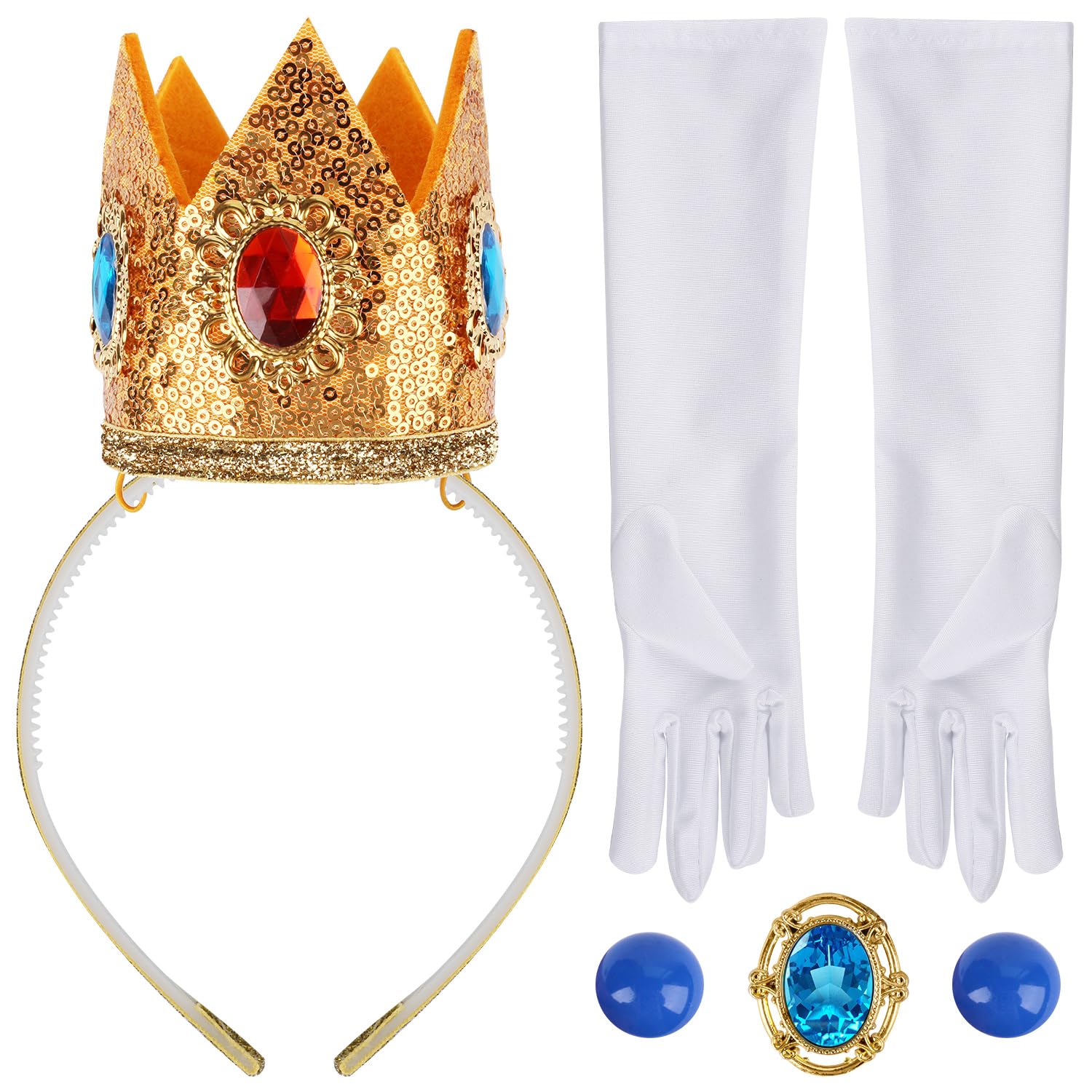 RNHDLY Princess Peach Costume Accessories 4 Pieces Women's Set including Crown, Earrings, Gloves